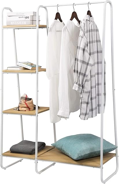 eSituro Heavy Duty Clothes Rail, Sturdy Metal Coat Rack with 4 Standing Bookcase Shelves Unit Wood Shoe Rack White Oak