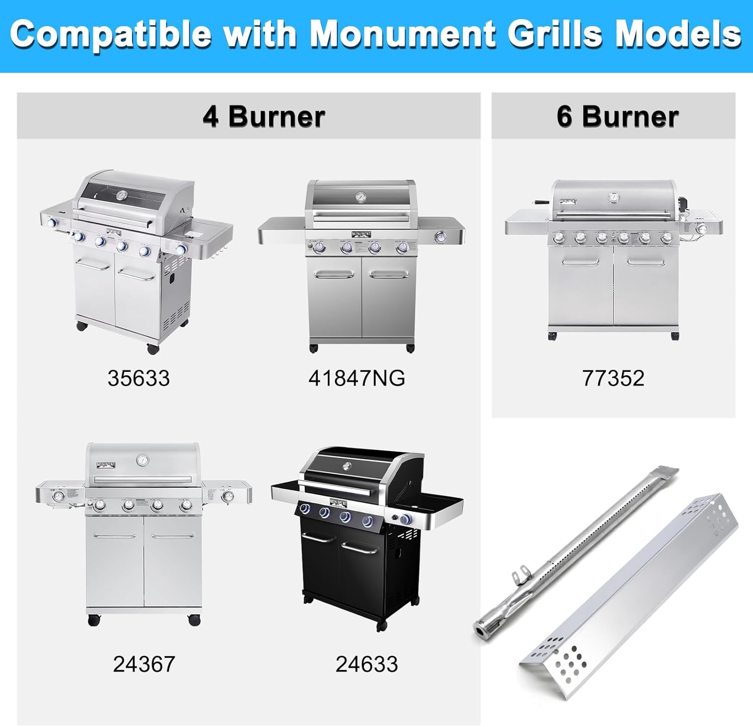Adviace Replacement Parts for Monument Grill 77352 77352MB 77352-MB 35633 41847NG 24367 24633, A0212926 Main Burner & D010012307 Flame Tamer & Igniter for Monument Grills 77352 6 Burner Gas Grill