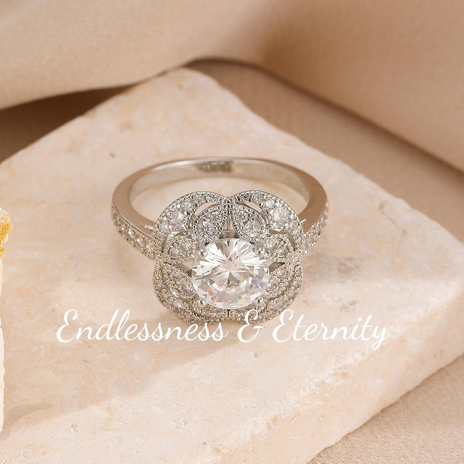 ENDLESSNESS & ETERNITY Flower Half Eternity Wedding Band Ring Cubic Zirconia CZs Stackable Cocktail Ring Statement Ring - Image 5