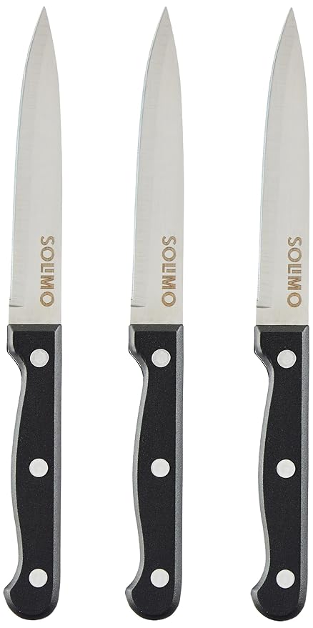Amazon Brand - Solimo High-Carbon Stainless Steel Utility Knife Set | Triple Rivet Handle | Set of 3 (Silver)