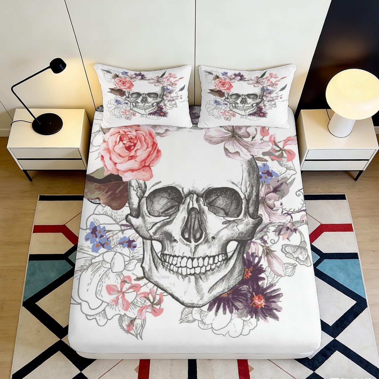 3D Printed Skull Floral Fitted Sheet Microfiber Anti-Slip Mattress Cover for Bedroom Guest Room Machine Washable 160x200x25cm