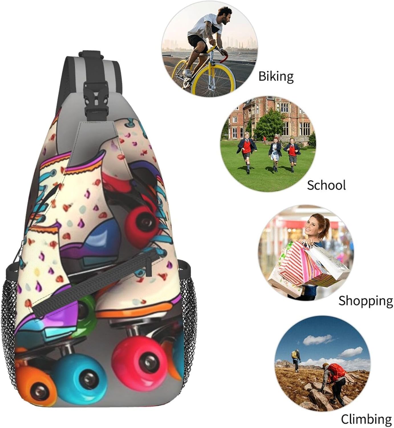 Retro Roller Skates Colorful Print Cross Chest Bag Sling Backpack Crossbody Shoulder Bag Travel Hiking Daypack Unisex