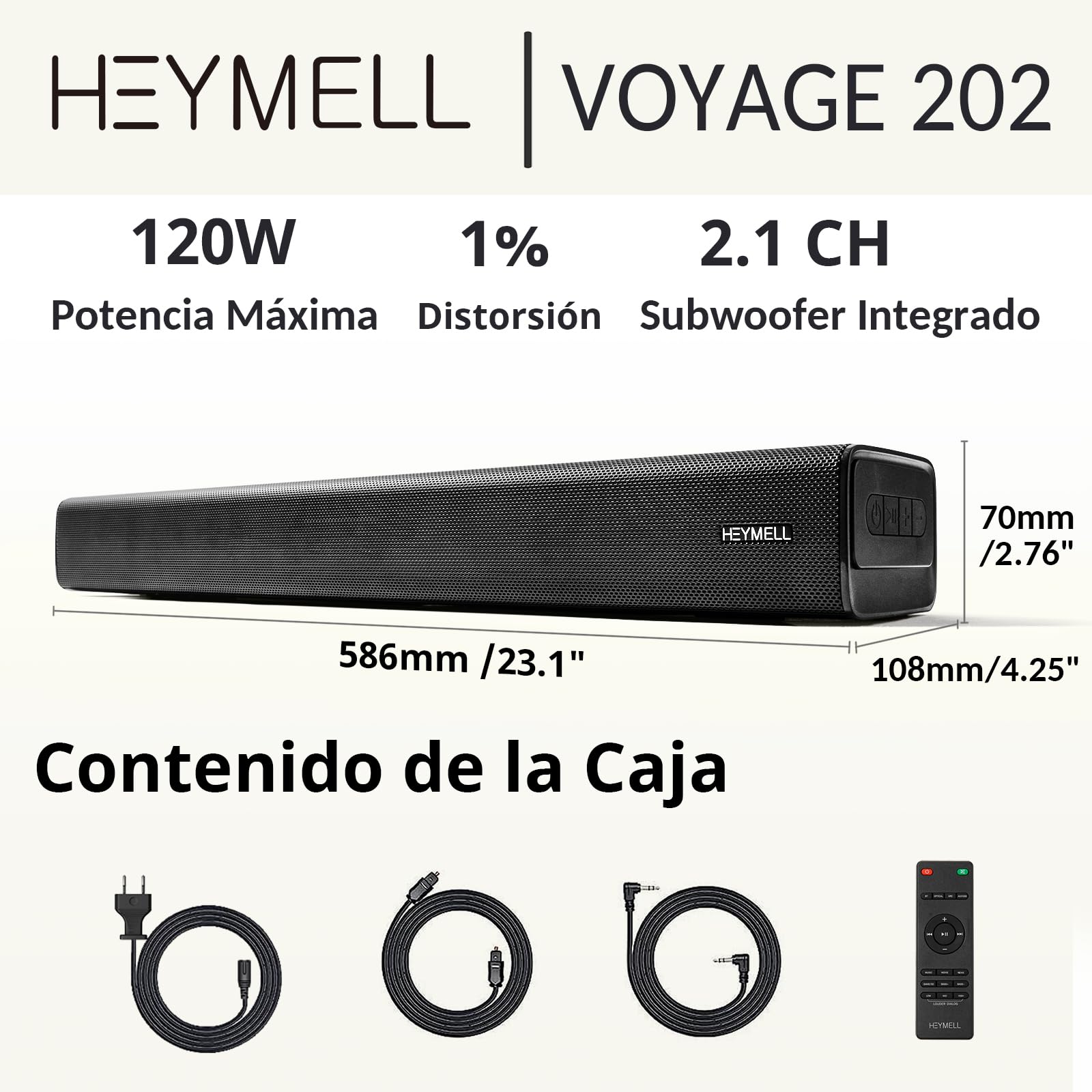 Compact Pequeño 60cm 2.1ch Barra de Sonido TV/Bluetooth/PC/Proyector,120W Soundbar con subwoofer Integrado, Mejorador de Diálogo Altavoz TV HDMI ARC/Óptico/Aux.