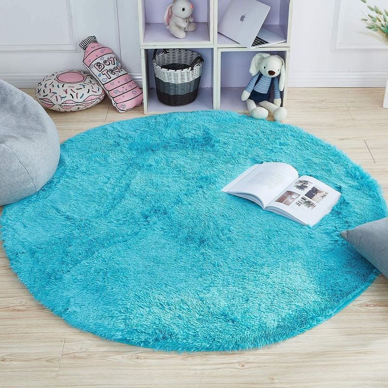 Rentoor_Carpet Soft Modern Shaggy Round Carpet for Living Room, Round Carpet Comfy for Bedroom, Home Decorate Floor Kids Playing Mat (Turquise 3x3 Feet)