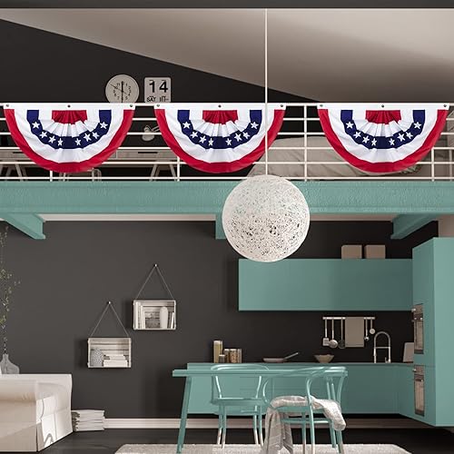 Miniatura 4 de Banderines para exteriores, 3 banderas plisadas americanas de 2 x 4 pies, decoraciones patrióticas del 4 de julio para el Día de los Veteranos