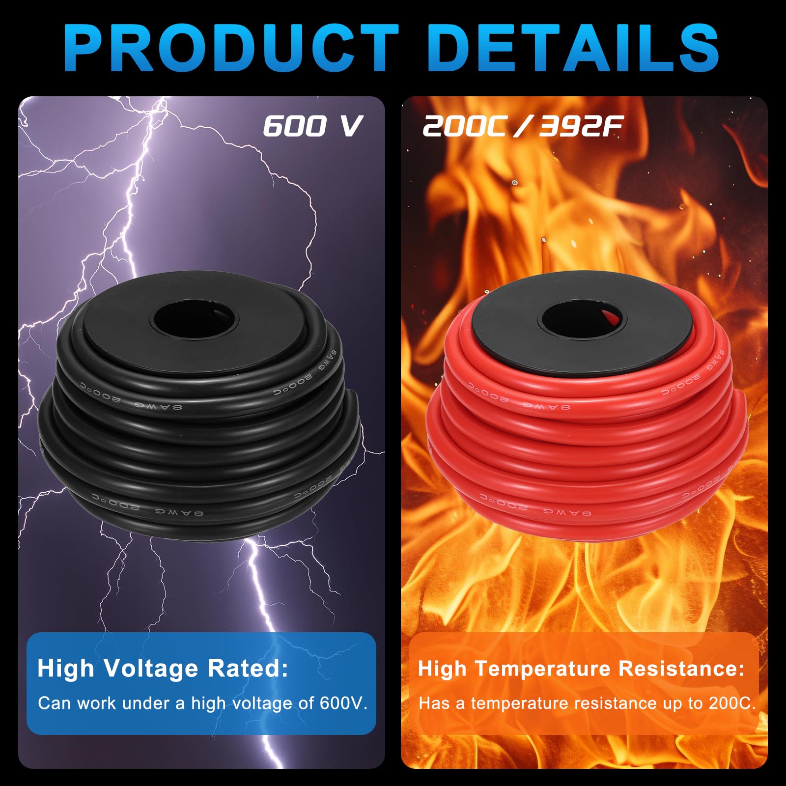 QUARKZMAN 2 Piezas Carrete de Cable Eléctrico de Silicón 8 AWG, Cable Eléctrico Calibre 8 9.1m/30 Pies, Cable Para Batería de Alta Temperatura de Cobre 600V 200C - Rojo y Negro