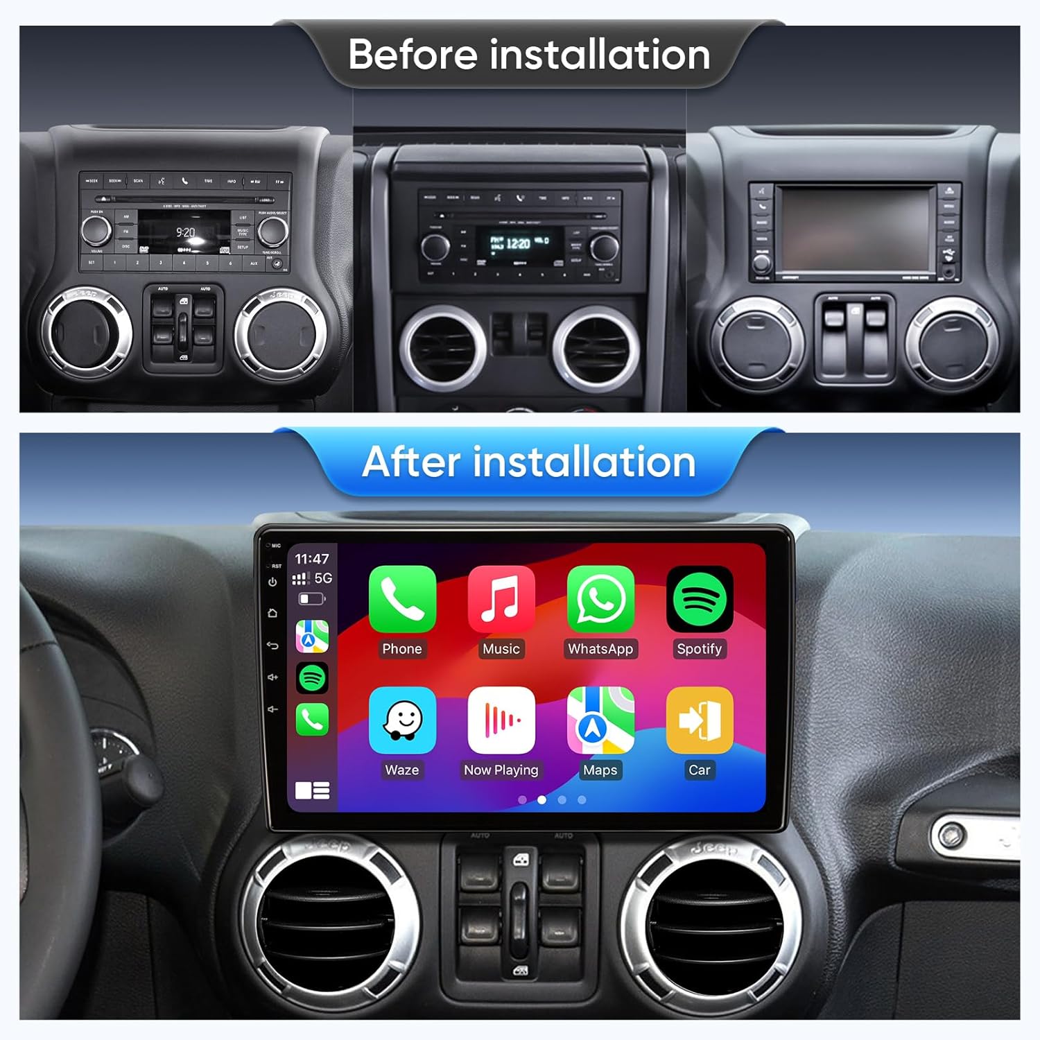 10.2 Inch Car Radio Stereo Upgrade Replacement for Jeep Wrangler/JK 2007-2018 Jeep Patriot 2009-2016 Dodge Ram 2009-2012 with CarPlay/Android Auto/Touch Screen/FM/HD Backup Camera