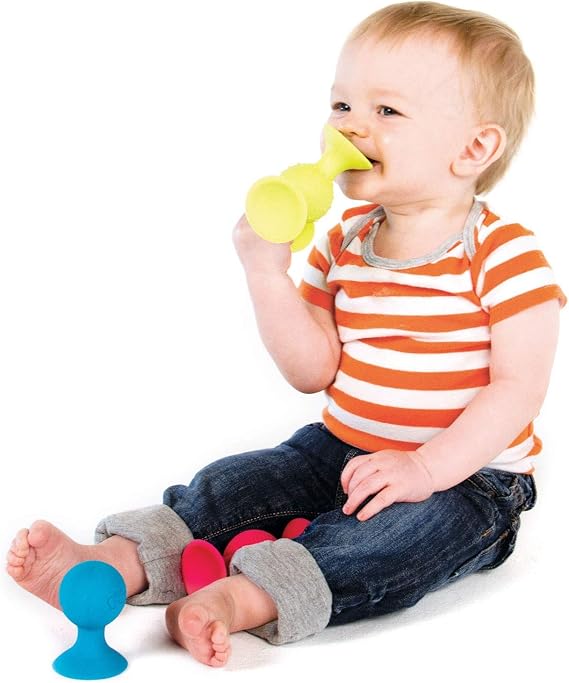 Fat Brain PipSquigz Bundle - 6 Piece Baby Rattle Suction Cup Toys, BPA-Free Sensory Toy Set with Storage Bag - Silicone Bath Toys