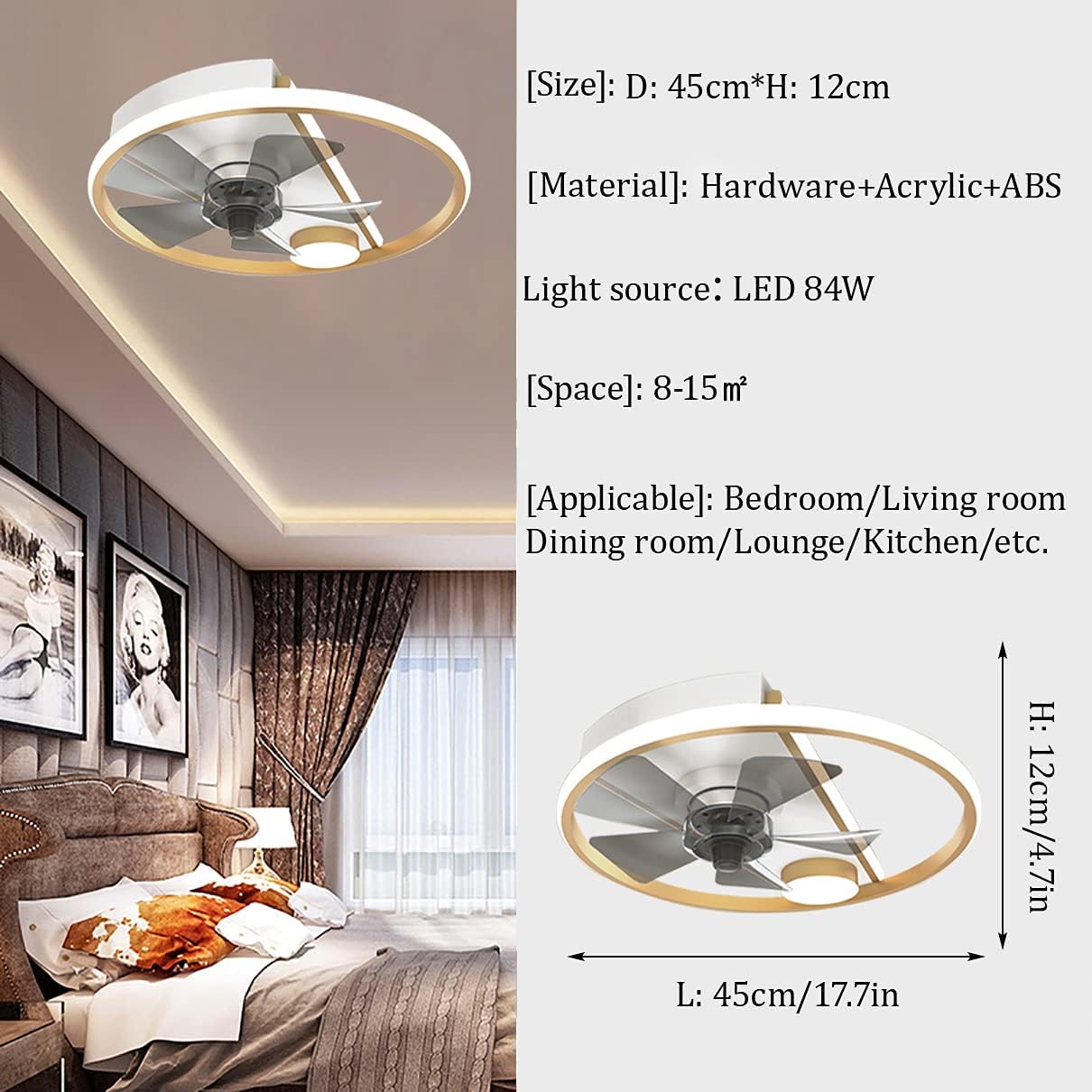 YUEGOO Reversible Fan with Ceiling Light Silent 6 Speeds Bedroom Led Dimmable Ceiling Fan Light with Remote Control Ultra-Thin Modern Living Room Quiet Fan Ceiling Light,B