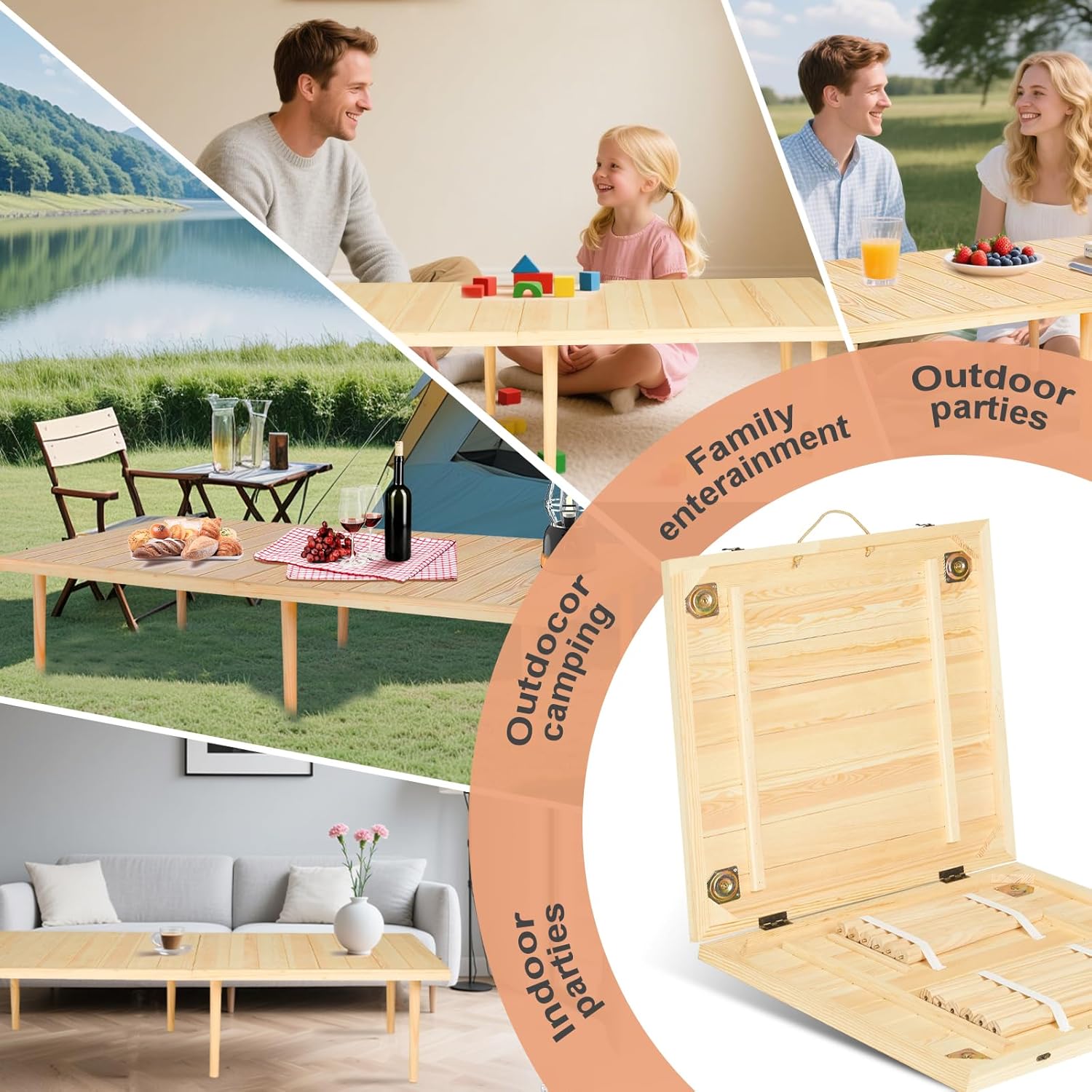 CUKBLESS Boho Folding Picnic Table, 59.4x28.3 Inches Wooden Low Portable Table with Carrying Handle, 3 Height Settings 13/14.6/27.6 Inches for Beach Camping BBQs