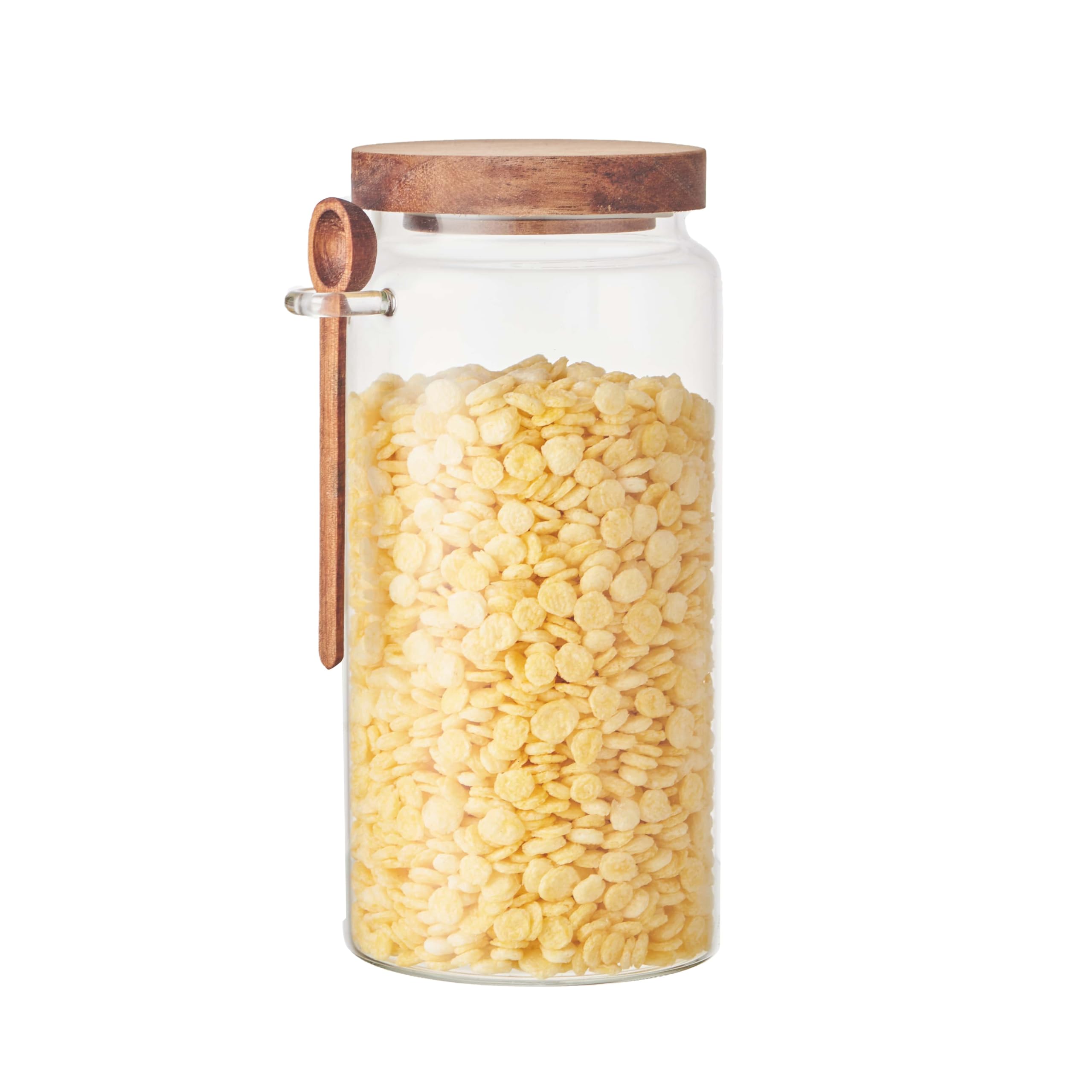 Eden & Willow Glass Kitchen Storage Jar with Acacia Lid and Wooden Spoon | Borosilicate Glass Food Canister with Spoon Holder | BPA-Free Mason Jar for Sugar, Spices, and Dry Foods (1, 1.2L)