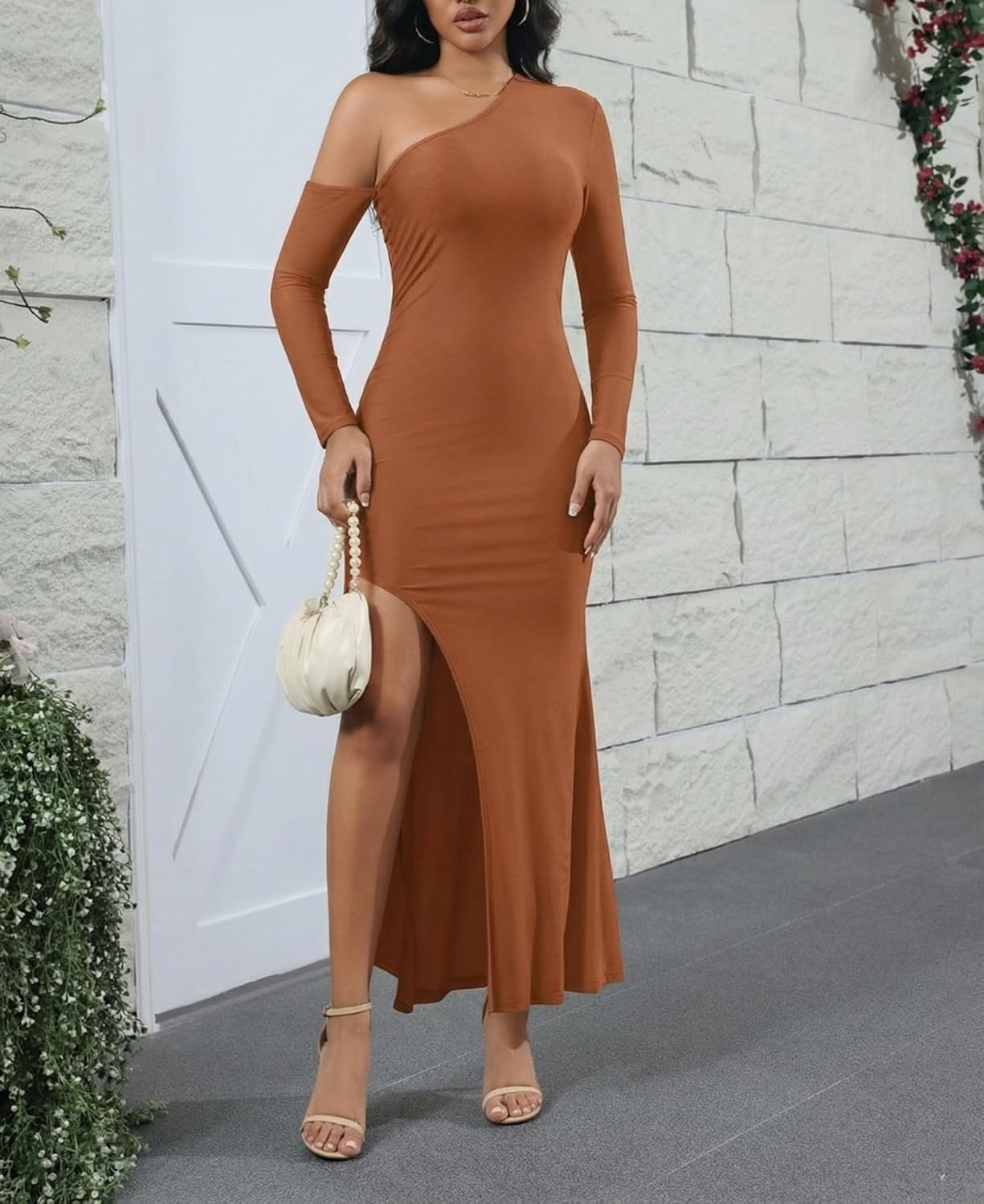 ENOPINK Women's One Shoulder Long Sleeve Formal Cocktail Wedding Guest Maxi Dresses Sexy High Slit Bodycon Evening Gowns - Image 5