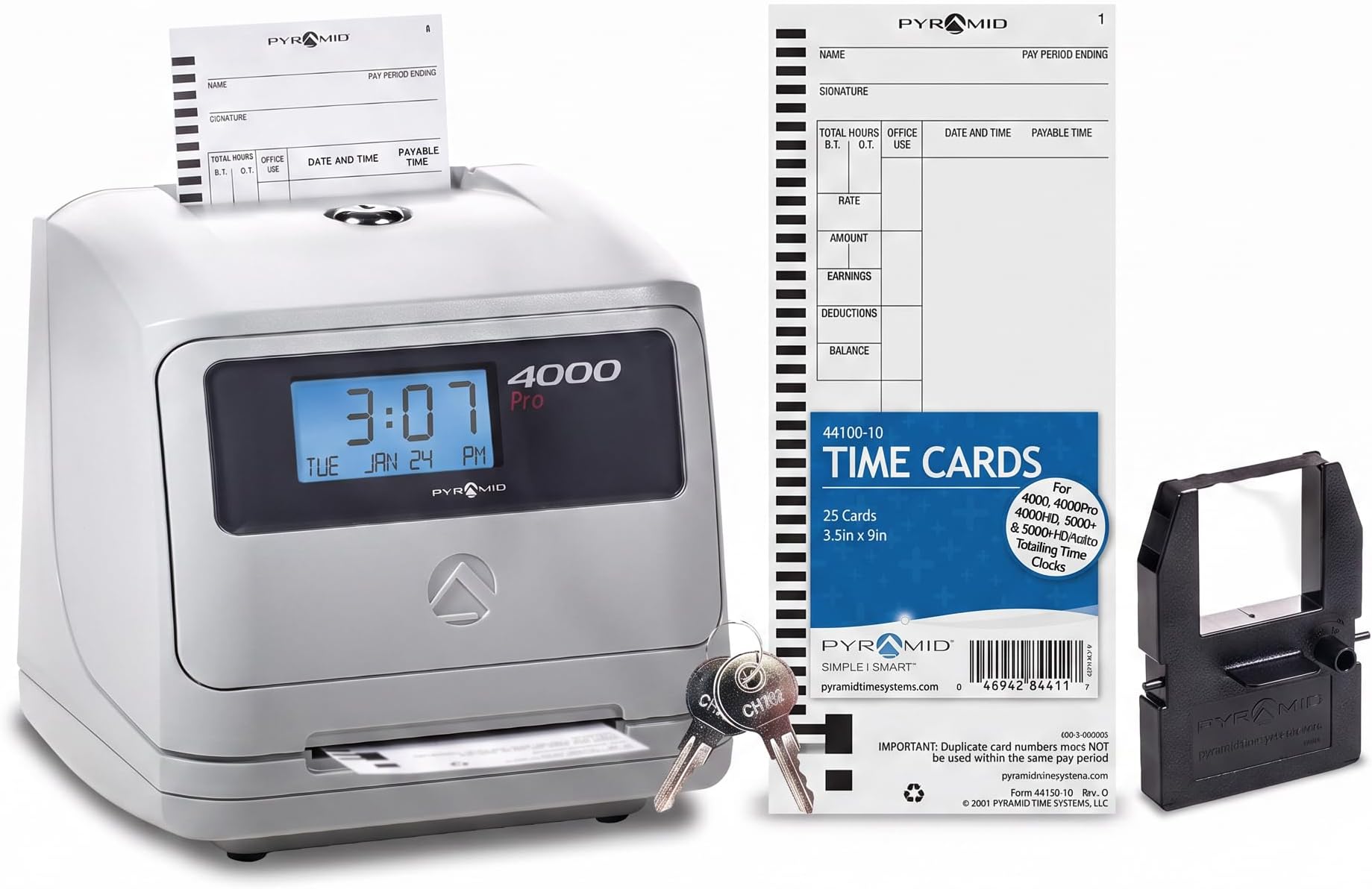 Time Systems Model 4000 Auto Totaling Time Clock, 50 Employees, Includes 25 time Cards, Ribbon, 2 Security Keys and User Guide, Made in USA, Silver, "7.25""h x 7""w x 6.75"" d"