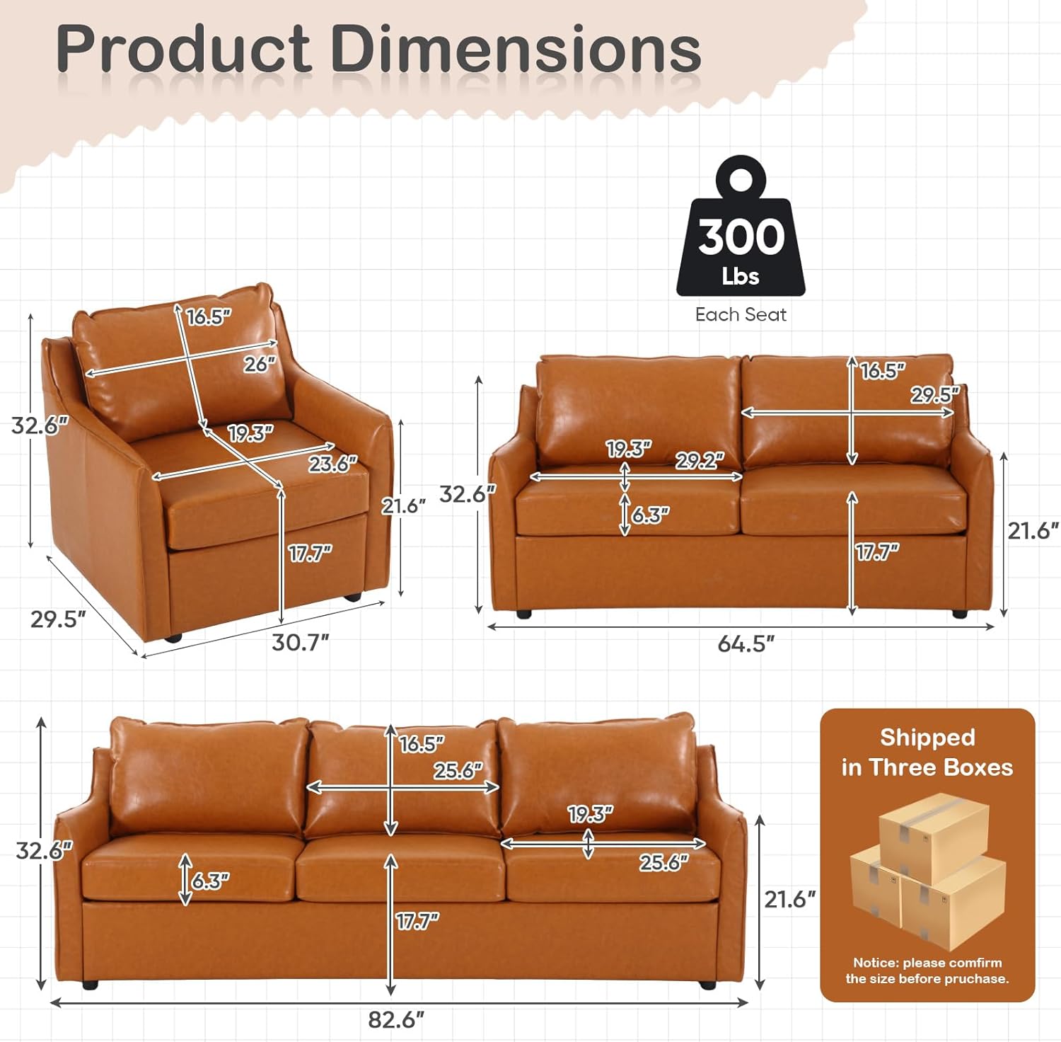 Faux Leather Sofa Set, Mid-Century Modern Couch Set Sectional Couches for Living Room Furniture Sets, Comfy Couch and Loveseat Sets with Sloped Arm Soft Cushions (Brown, 2 Piece Living Room Set)