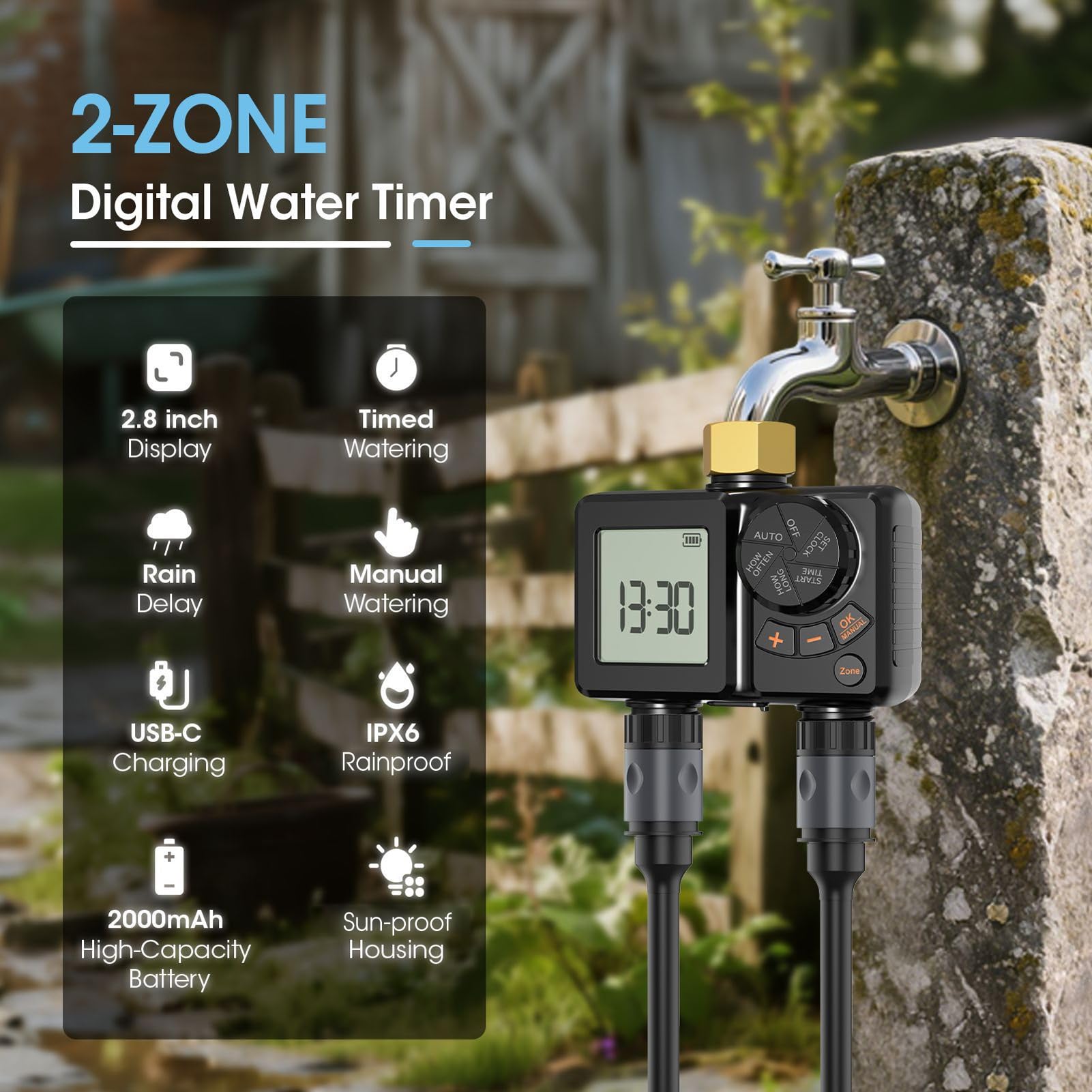 YWBL-WH Timer Intelligente a 2 Zone per L'Irrigazione Automatica, Programmatore per Irrigatori da Giardino per Serre, di Irrigazione a Goccia per agricoltura. (Filettatura BSP3/4”)
