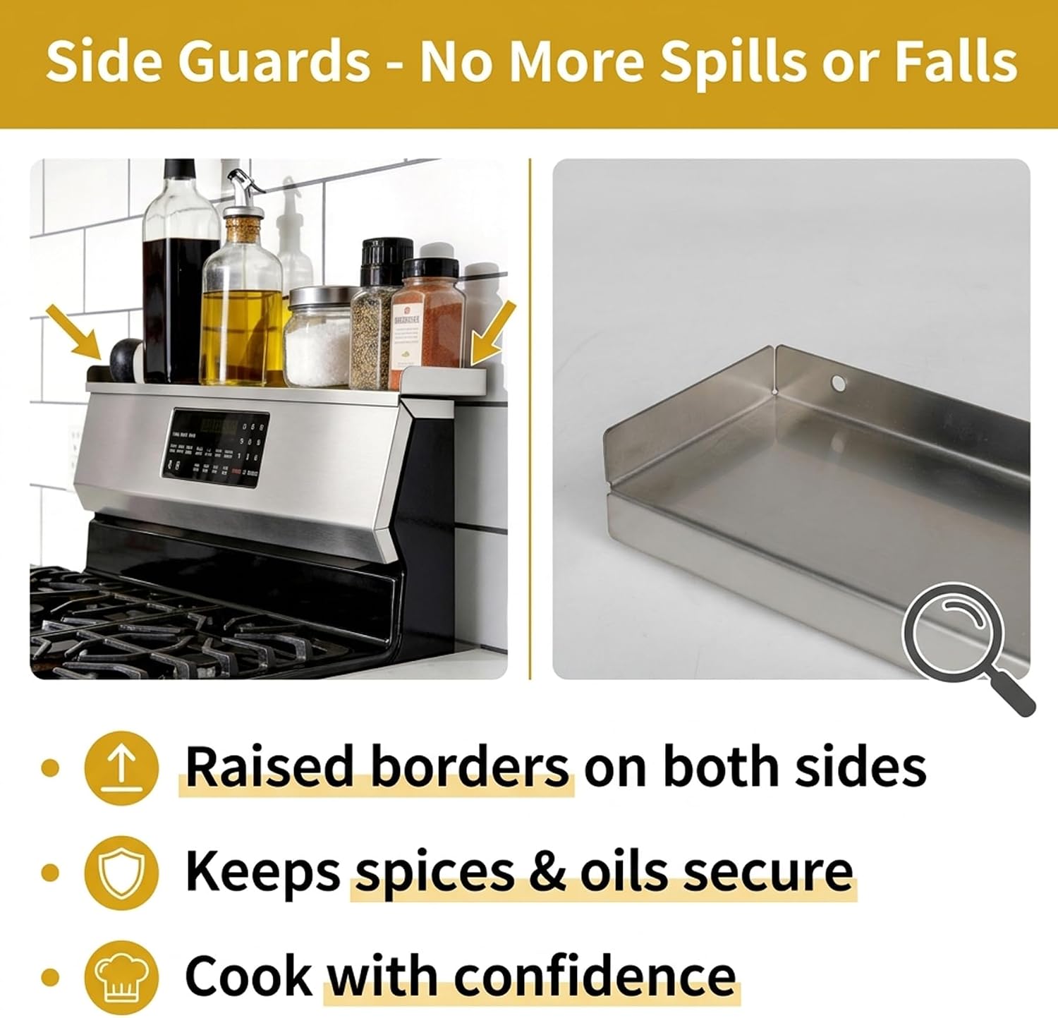 30" Stainless Steel Stove Top Shelf - Dual Mount (Screw & Adhesive) - No Slide/No Spill, Side Guards, Spice Rack & Over The Stove Organizer, StoveShelf (Stay Secure)