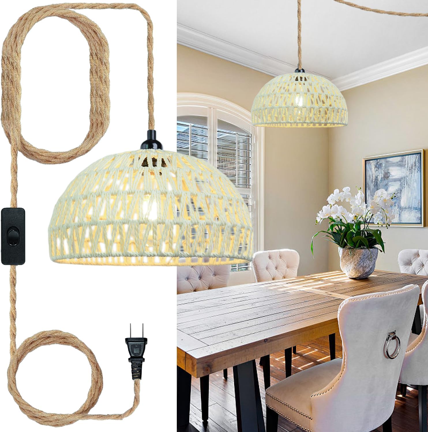 1PC Bohemian Farmhouse Rattan Chandelier, Hand-Woven Wicker Ceiling Light with Switch, DIY Hanging Pendant Lamp for Kitchen Island Dining Room Bedroom Living Room Foyer (White)