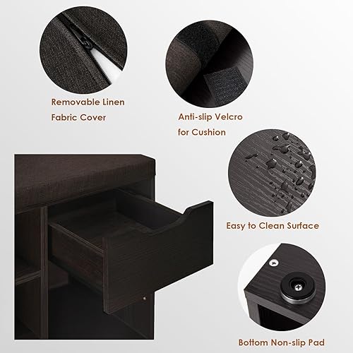 Miniatura 5 de DINZI LVJ Banco de zapatos, banco de almacenamiento de entrada con cajón y 8 cubículos, estantes ajustables, organizador de zapatos para sala de