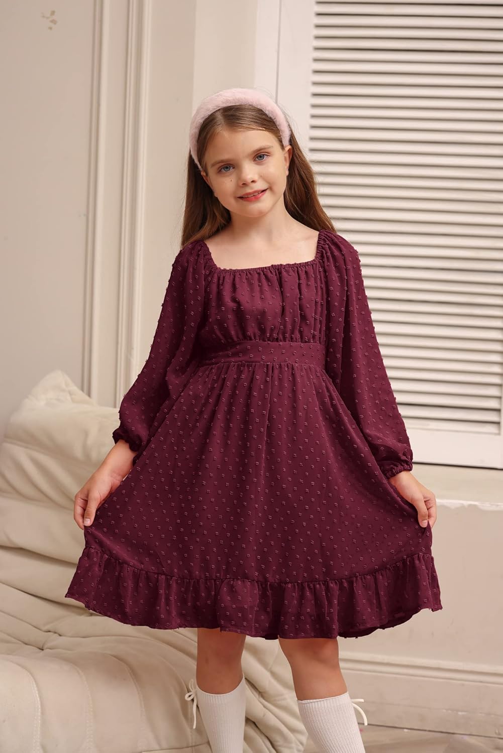 GRACE KARIN Girls Ruffle Tiered Dress Long Sleeve Swiss Dot Flowy A-Line Dress 6-14Y - Image 2