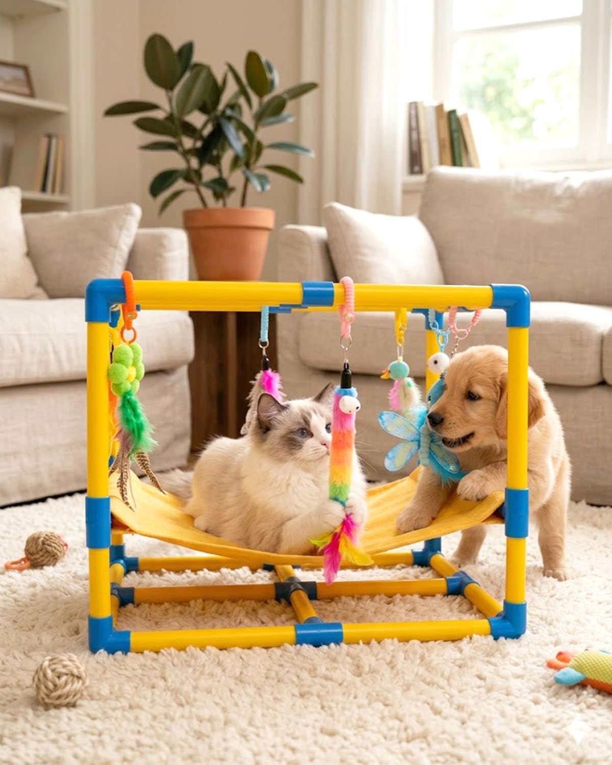 Gimnasio para Gatos con 10 Juguetes Interactivos Colgantes y Hamaca Cómoda | Centro de Actividades para Gatos de Interior, Estructura de PVC, 10 Cuerdas de Resorte, Parque de Juegos para Gatitos y Gatos