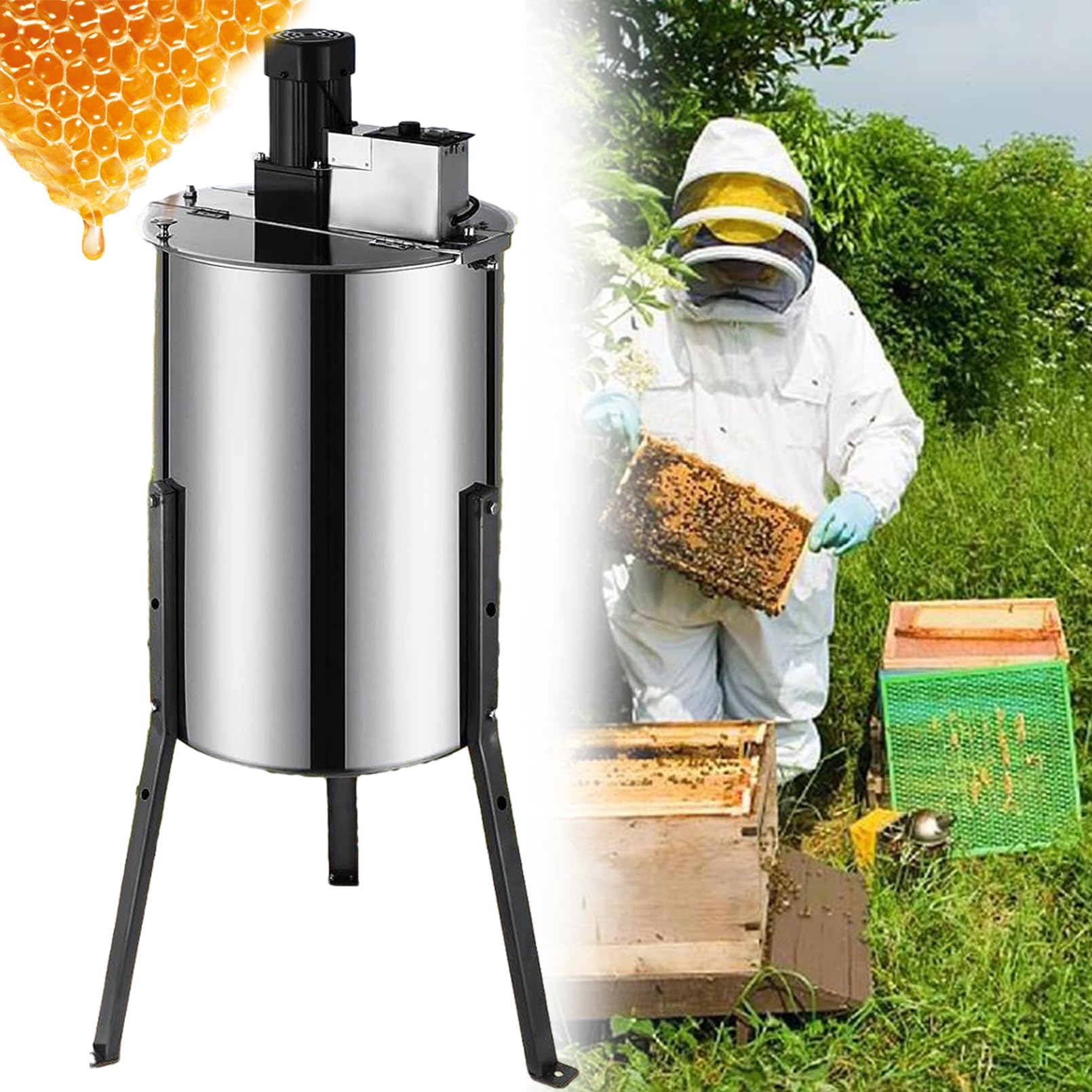 DRUXTO 25L Electric Honey Extractor 4 Frame, 1300 RPM Stainless Steel Honeycomb Spinner Drum Crank, Beekeeping Extraction Apiary Centrifuge Separator Equipment for Wine Honey and Juice Making