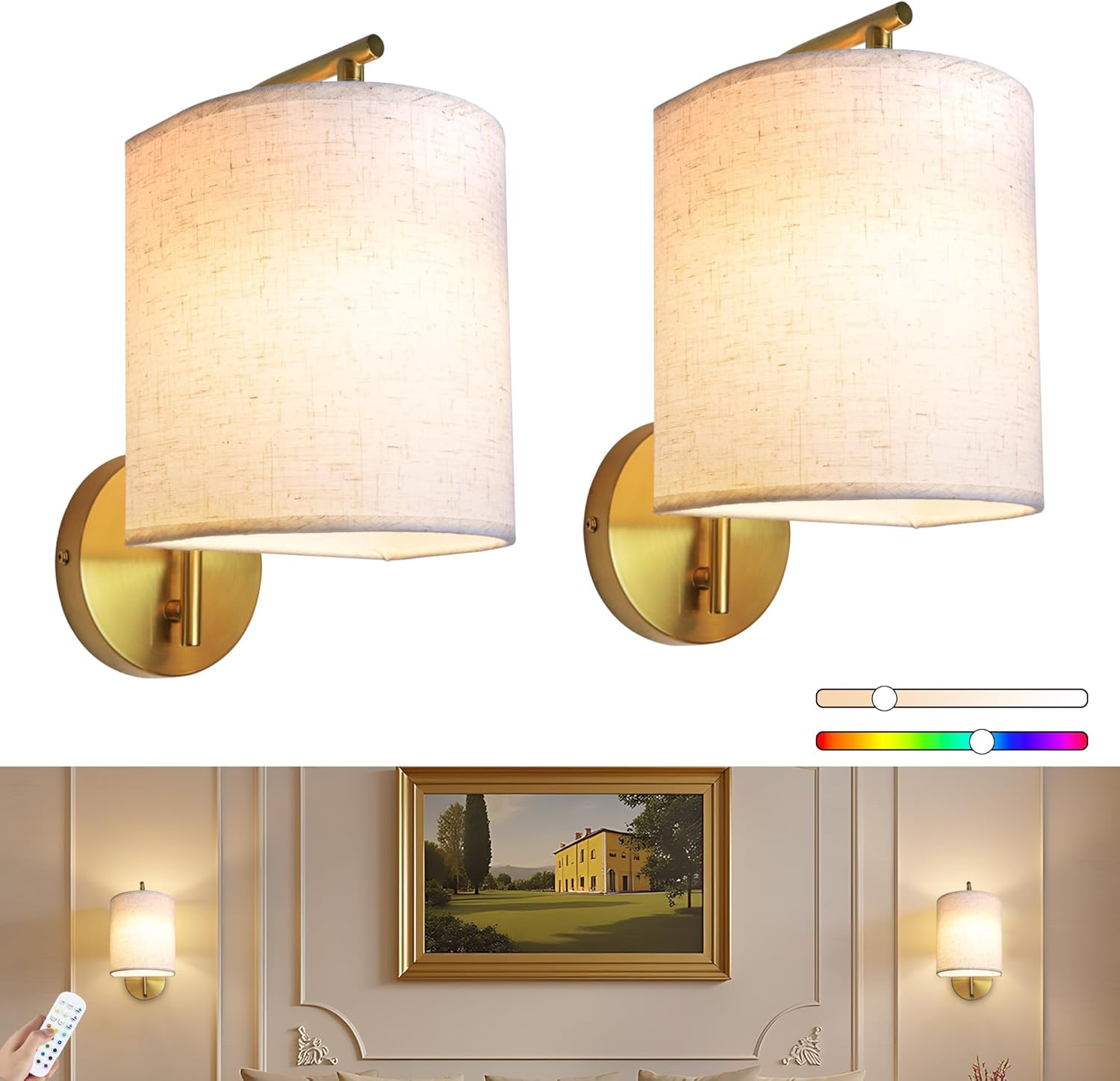 Rechargeable Battery Operated Wall Sconces Set of 2 Wireless Wall Lights with Remote Control 12 RGB Colors Magnetic Bulbs 5200mAh Battery Wireless Sconces for Bedroom Living Room (Gold)
