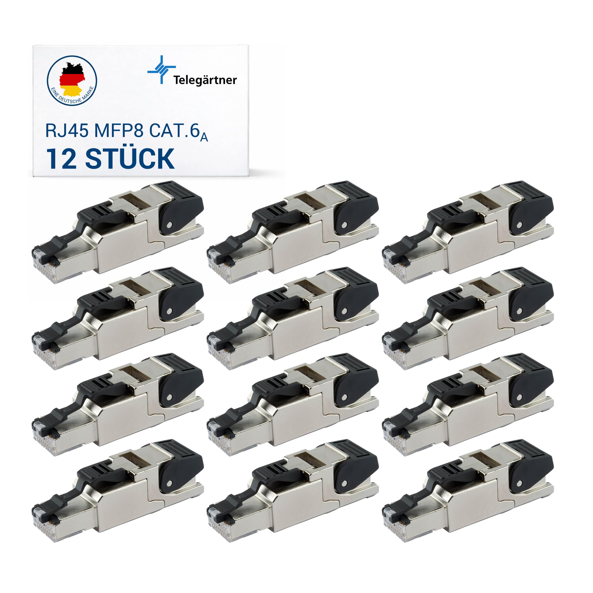TELEGARTNER 12 Stück Feldkonfektionierbarer RJ45-Steckverbinder MFP8 Cat.6A, geschirmt, Vierkammer-Adermanager, Farbcodierung T568B, konfektionierbar vor Ort, IP20
