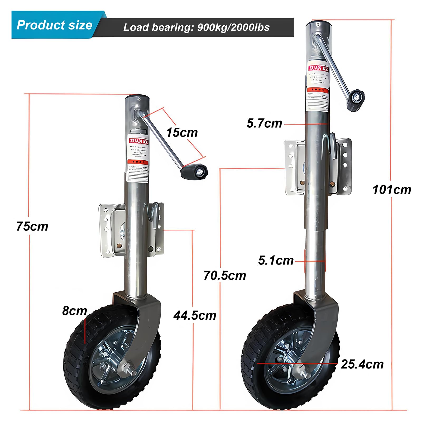 Schwerlast Stützrad Anhänger 900KG, 57mm Rohr, Deichselrad Bugrad Stütze mit Ergo-Griff, Verstellbarer Bootswagenheber für PKW Anhänger, Wohnwagen, Trailer (Seitenwippe)