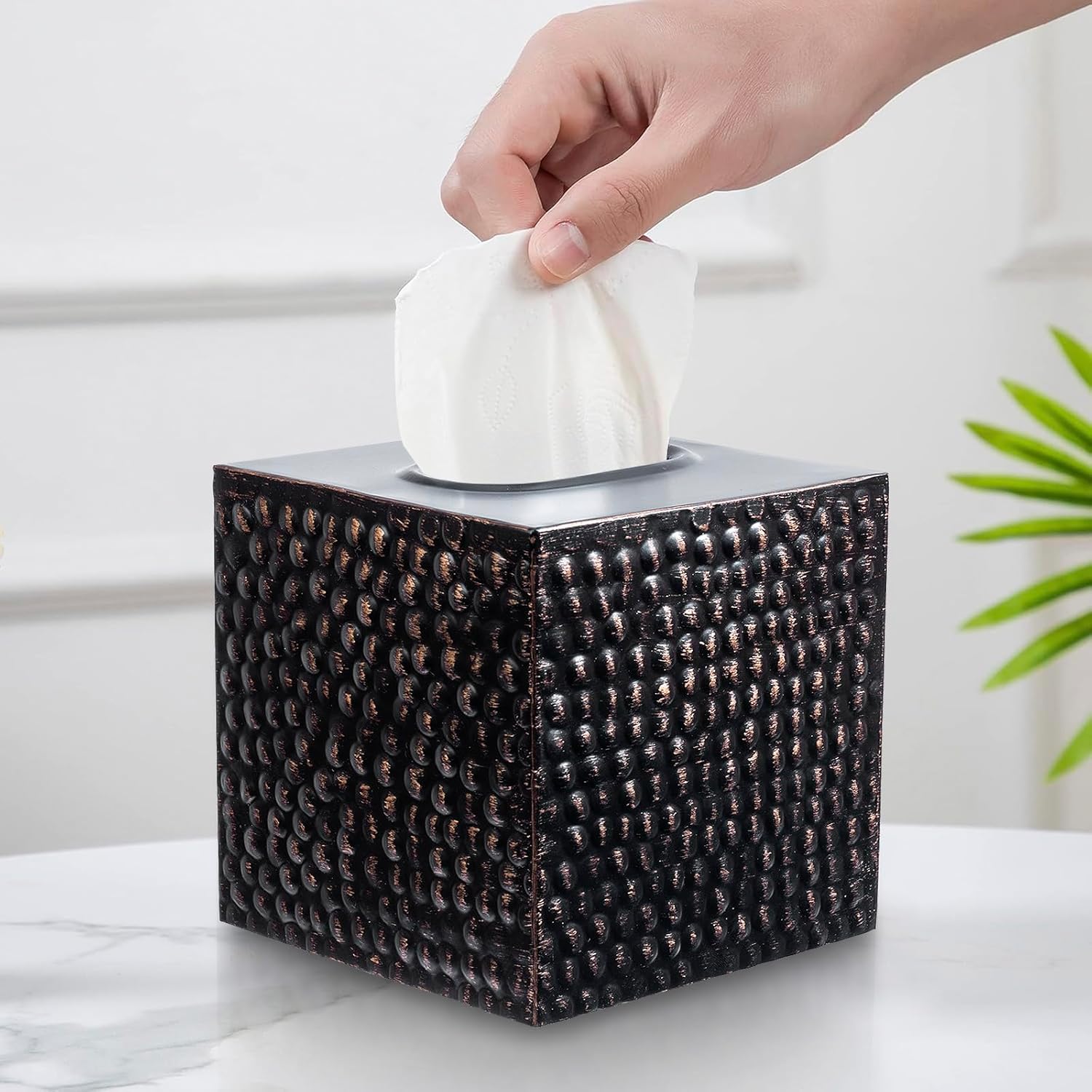 Tissue Box Cover Holder Square - Gold Cube Tissues Boxes Covers Bathroom Accessories - Decorative Bronze Facial Paper Holders Modern Home Decor - Vintage Matte Wood Metal Tissue Dispenser for Office