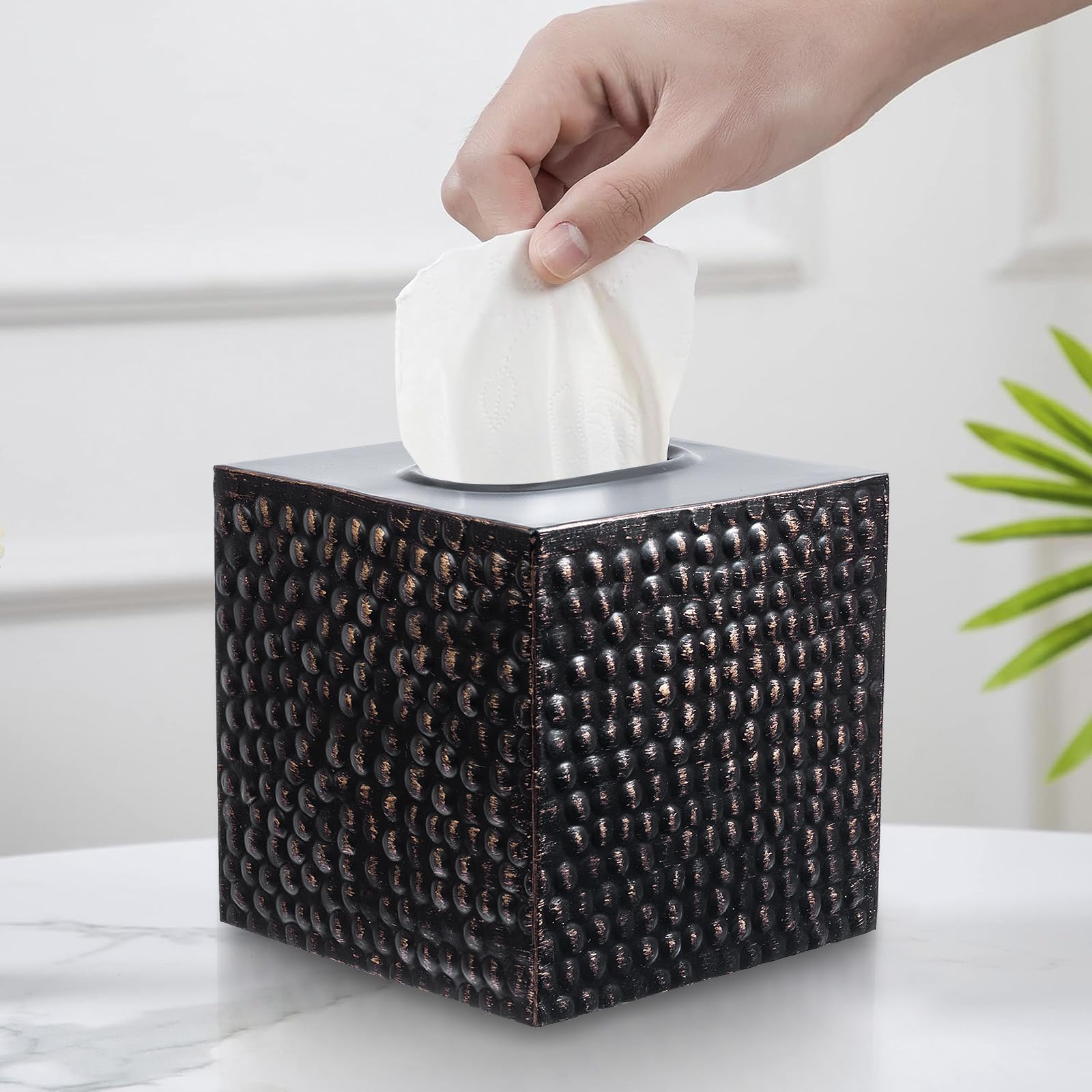 Tissue Box Cover Holder Square - Black Cube Tissues Boxes Covers Bathroom Accessories - Decorative Bronze Facial Paper Holders Modern Home Decor - Vintage Matte Wood Metal Tissue Dispenser for Office