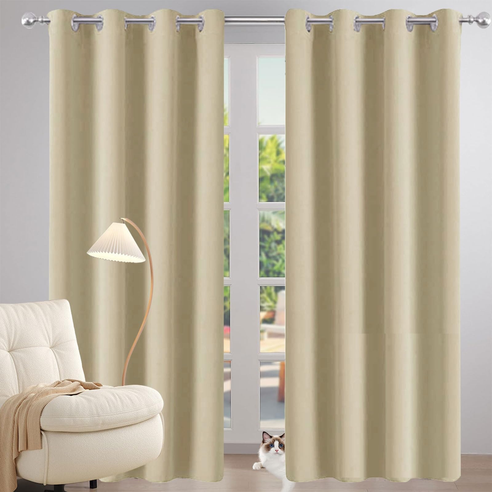 Verdunklungsvorhänge mit Ösen 270 x 270 cm Sonnenschutz Schalldämmung Gardinenschals mit Schlaufen Ohne Bohren Energieeinsparung für Wohnzimmer Schlafzimmer, Creme Farben