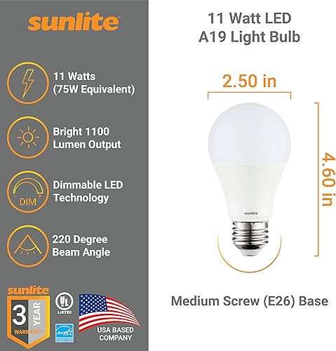 Miniatura 2 de Sunlite 41787-SU - Bombilla LED A19 estándar 11 vatios equivalente a 75 W 1100 lúmenes base media E26 regulable certificación UL Energy Star blanco