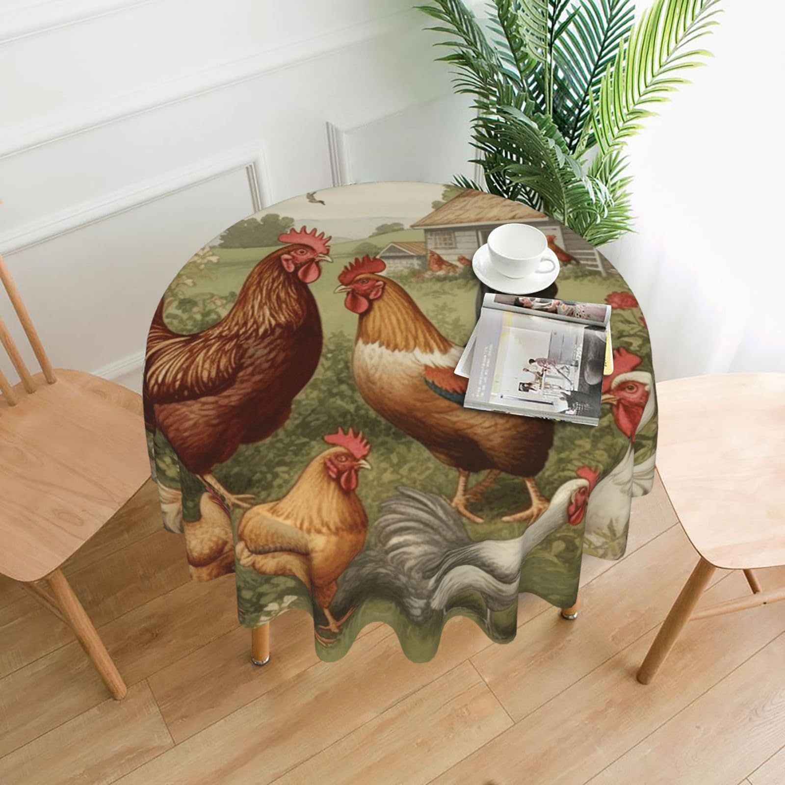 FodPand Chickens and Farm Tablecloths for Round Tables 60 Inch - Reusable Washable Dining Table Clothes - Stain and Wrinkle Resistant Decorative Fabric Table Cover for Wedding Party