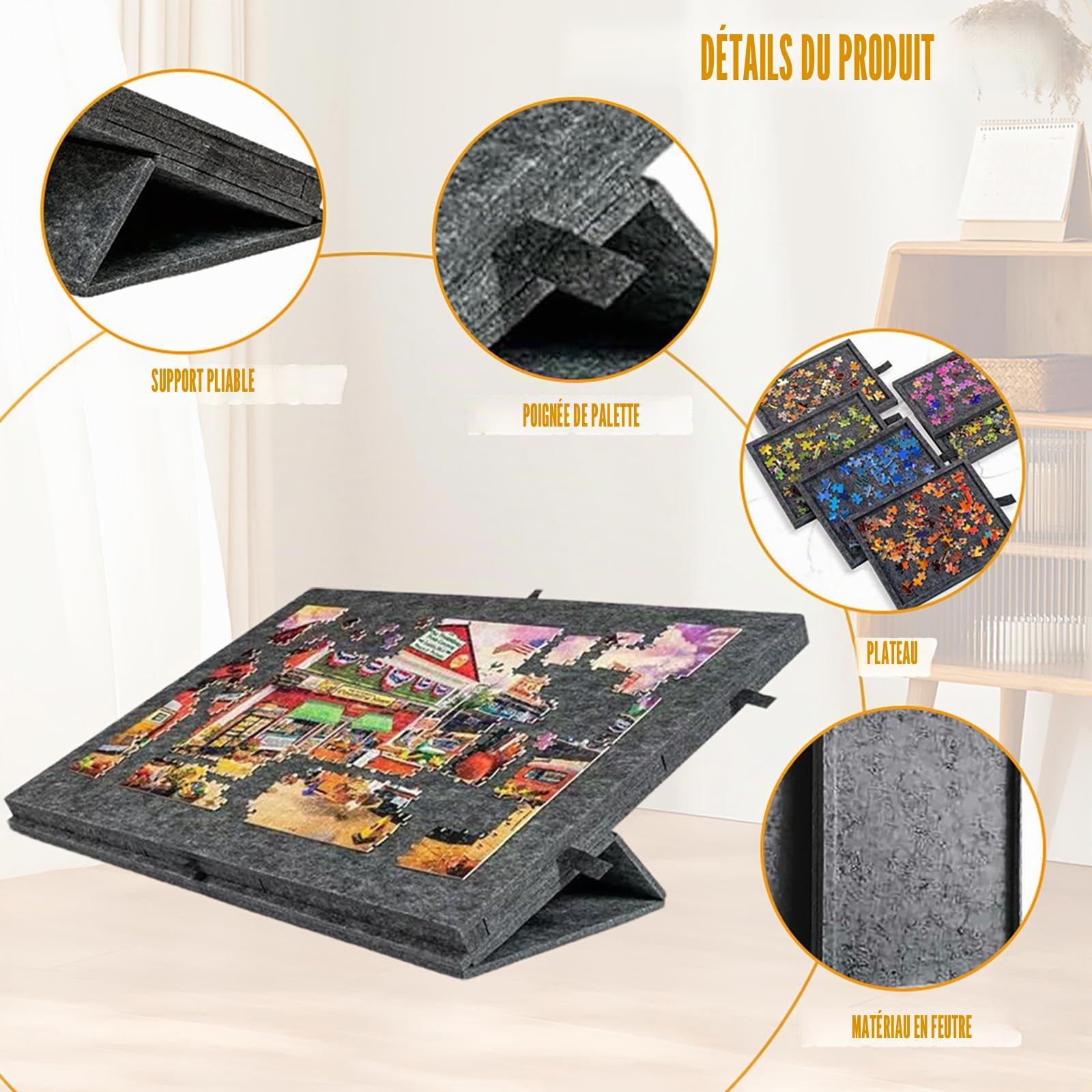 Table de Puzzle Inclinable, Plateau de Puzzle pour des Puzzles Jusqu'à 1000 Pièces, Plateau de Puzzles Portable avec 6 Tiroirs en Feutre avec Support et Couvercle 2-en-1 (Noir)