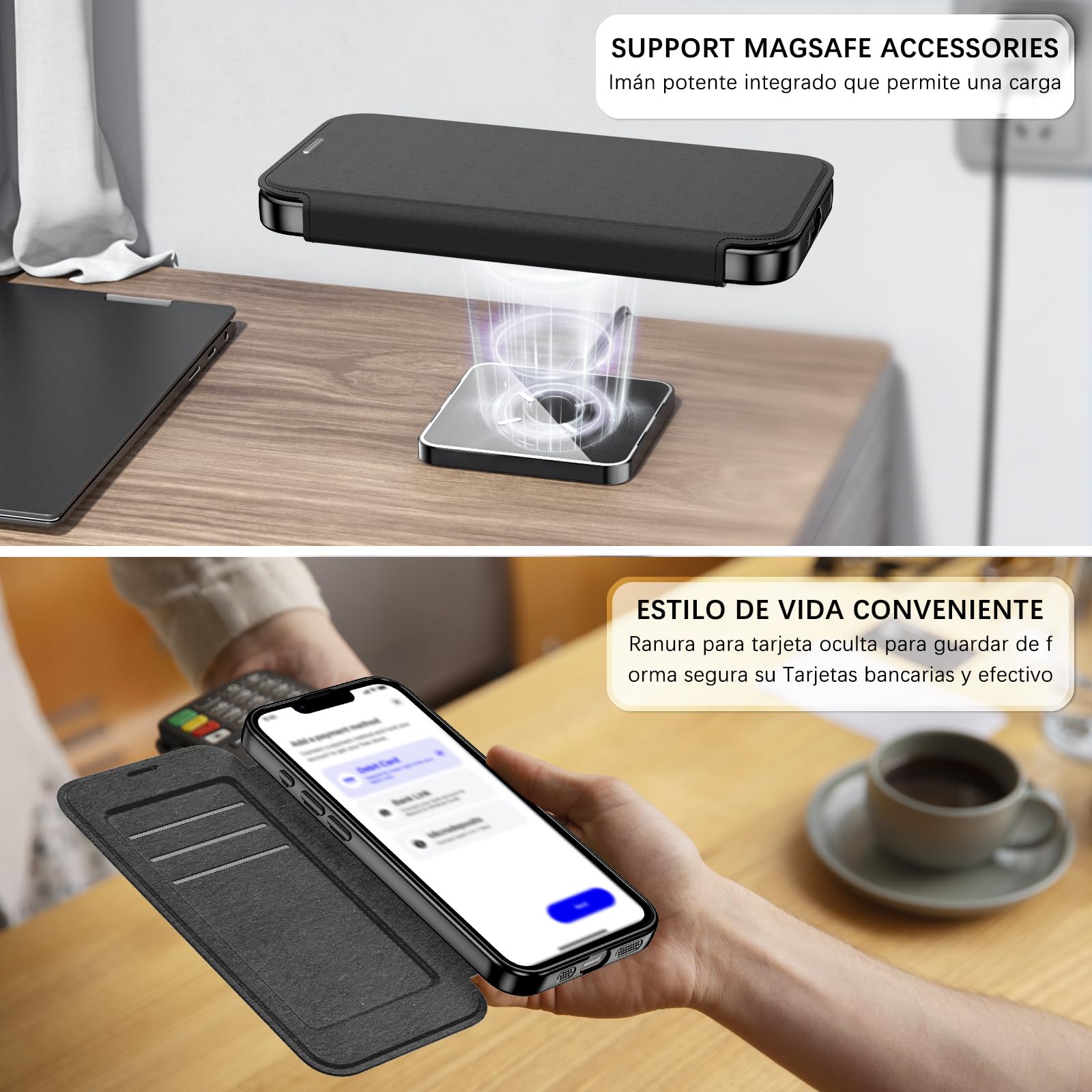 VENINGO Funda Magnética para iPhone 16e, Compatible con MagSafe Libro Funda iPhone 16e Cover Protección de Grado Militar Carga Inalámbrica Antihuellas Antigolpes Fina Carcasa, Negro