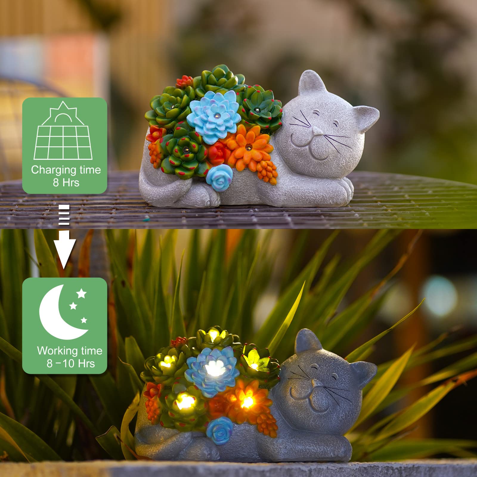 Yeomoo Statuetta decorativa a energia solare con piante grasse, decorazione da giardino per esterni, grigio | Graziosa statuetta da giardino con luci solari, regalo per gli amanti dei gatti, per donne, giardino, balcone, camera, 23 cm