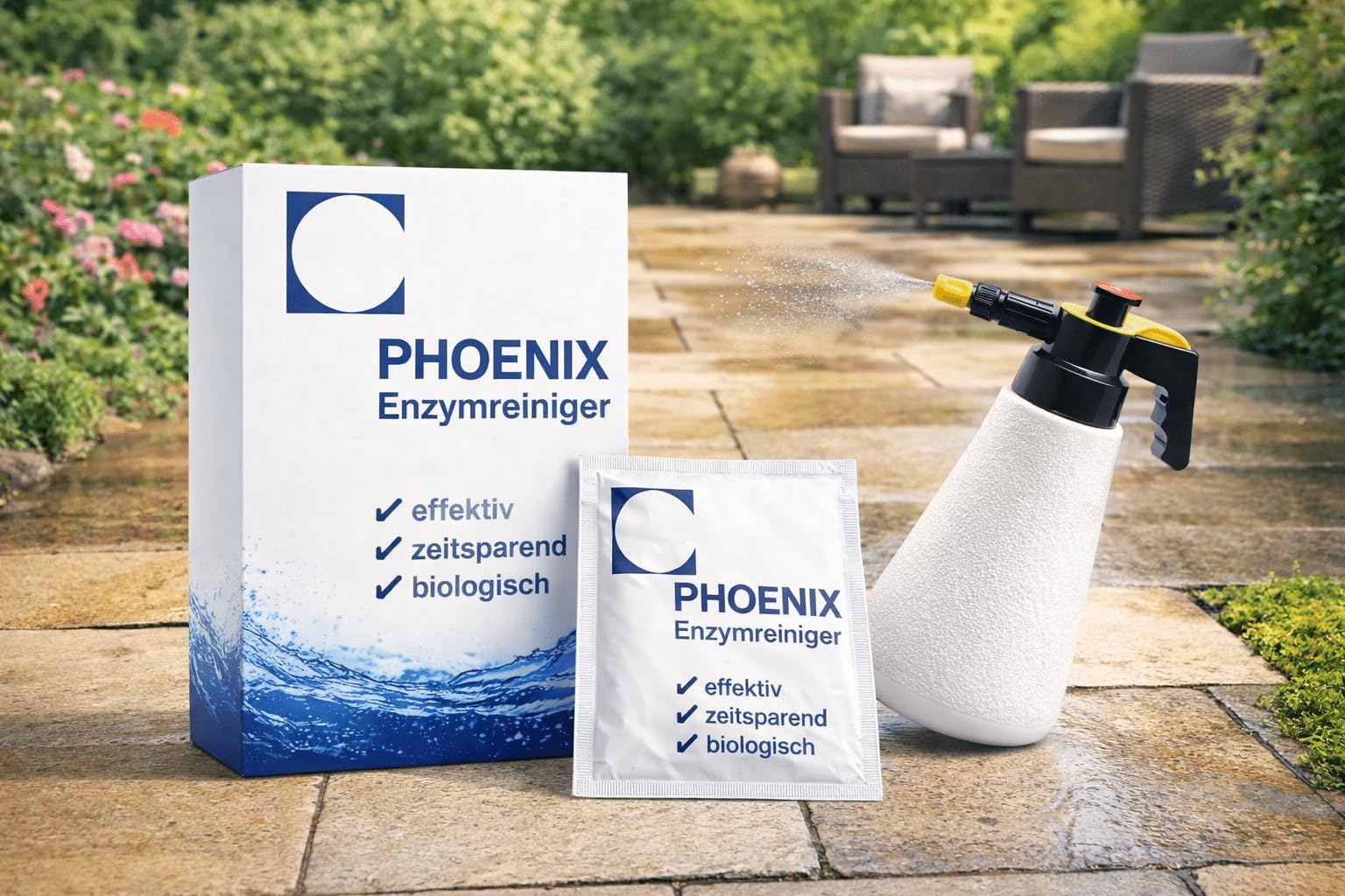Garten Gartenreiniger 500g Pflastersteine Beton Hof Terrassenreiniger Gehweg Einfahrt Naturstein Grünbelag Steine Terrassen Terrassenplatten Steinentferner Mauer | PHOENIX Enzymreiniger