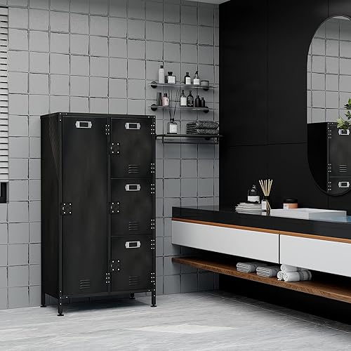 Miniatura 4 de SISESOL Armario de almacenamiento de metal, casilleros vintage, armarios de armario retro con bloqueo para empleados, armario de 4 puertas con barra
