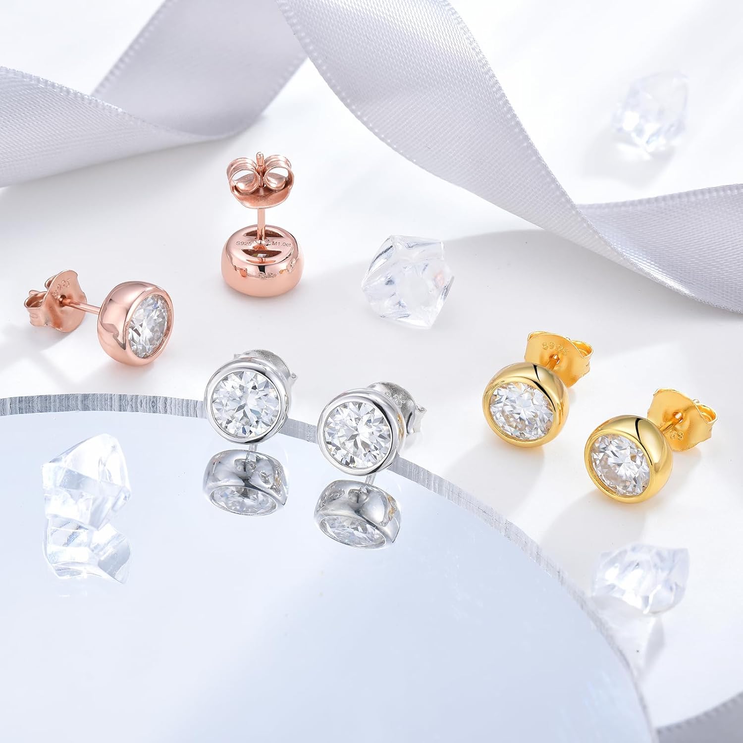 Moissanite Diamond Earrings for Women & Men,1-2 Carat D Color VVS1 Clarity, 5-6.5mm Hypoallergenic 18K White Gold Plated 925 Sterling Silver Bezel Set Round Studs - Image 5