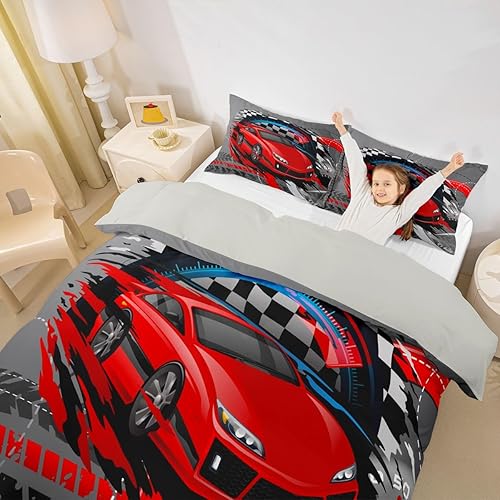 Miniatura 3 de Juego de funda de edredón para automóvil deportivo, tamaño individual, funda de edredón roja de carreras de autos de carreras extremos, 2 piezas