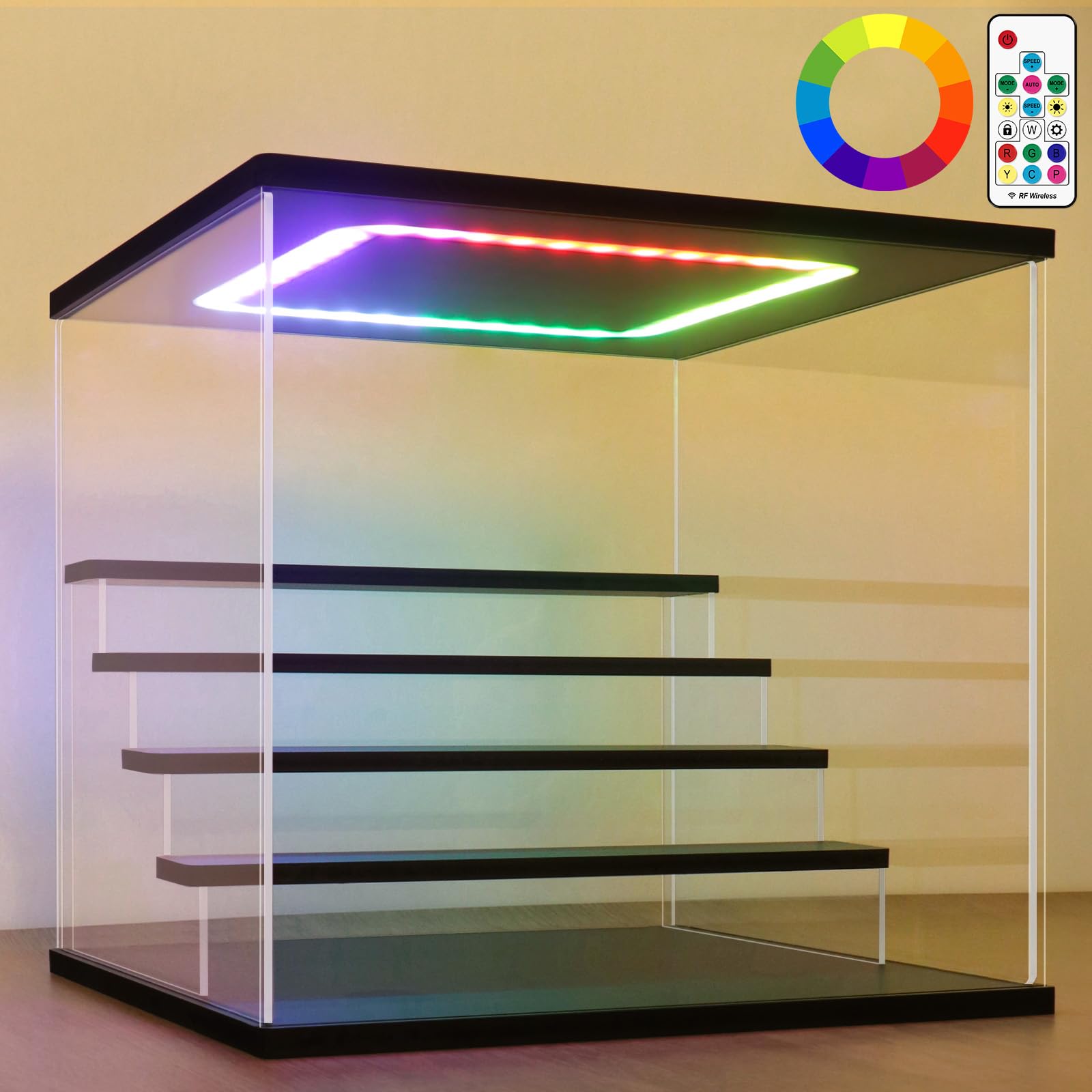 NONEMEY Clear Acrylic Display Case with Light ,3/4/5/6 Tier Multiple Color Lights via Remote Control Dustproof Display Box for Collectibles Figures Mini Toys (5Tier 12.4*12.2*12inch )