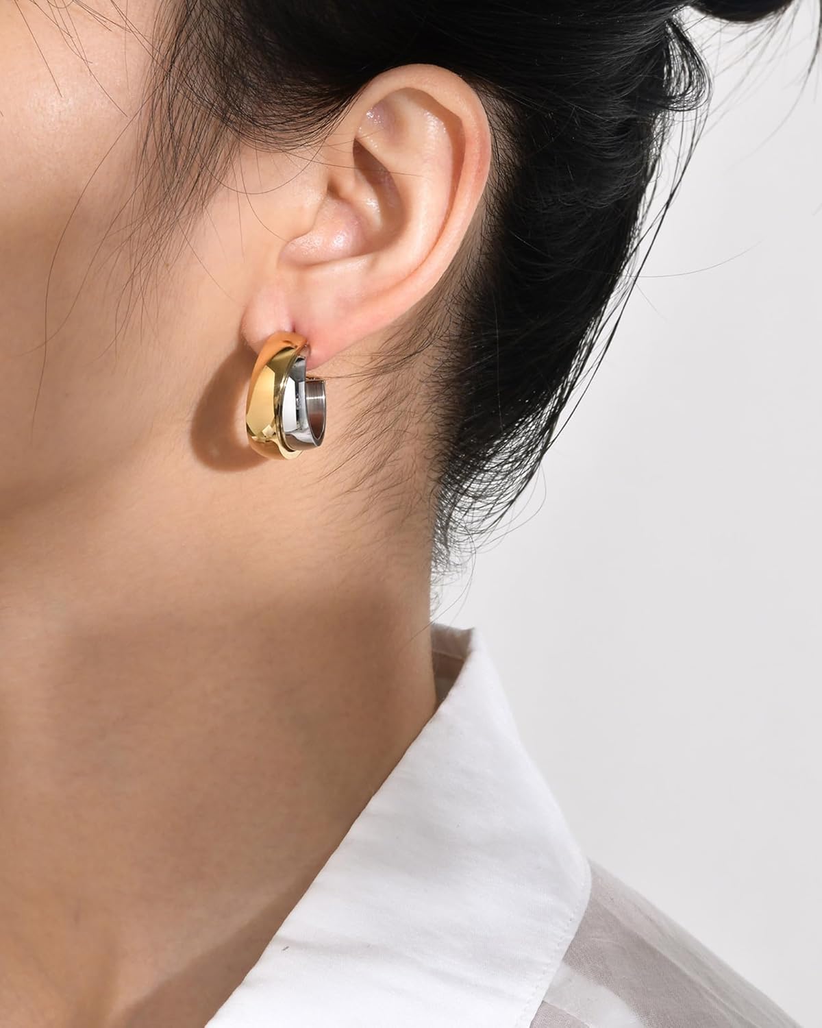 Chunky Hoop Earrings for Women 14k Gold Plated Mixed Metal Earrings Two Tone Hoop Earrings Gold and Silver Hoops Earrings Double C-Shaped Earrings Trendy Jewelry Gifts - Image 2