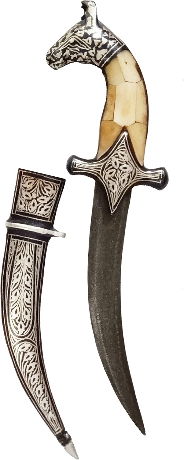 Purpledip Vintage Mini Sword for Ceremonial Or Ornamental Use: Antique Horse Design with Camelbone Hilt, Damascus Steel Blade, Silver Inlay Scabbard, 9 inches (A20021)