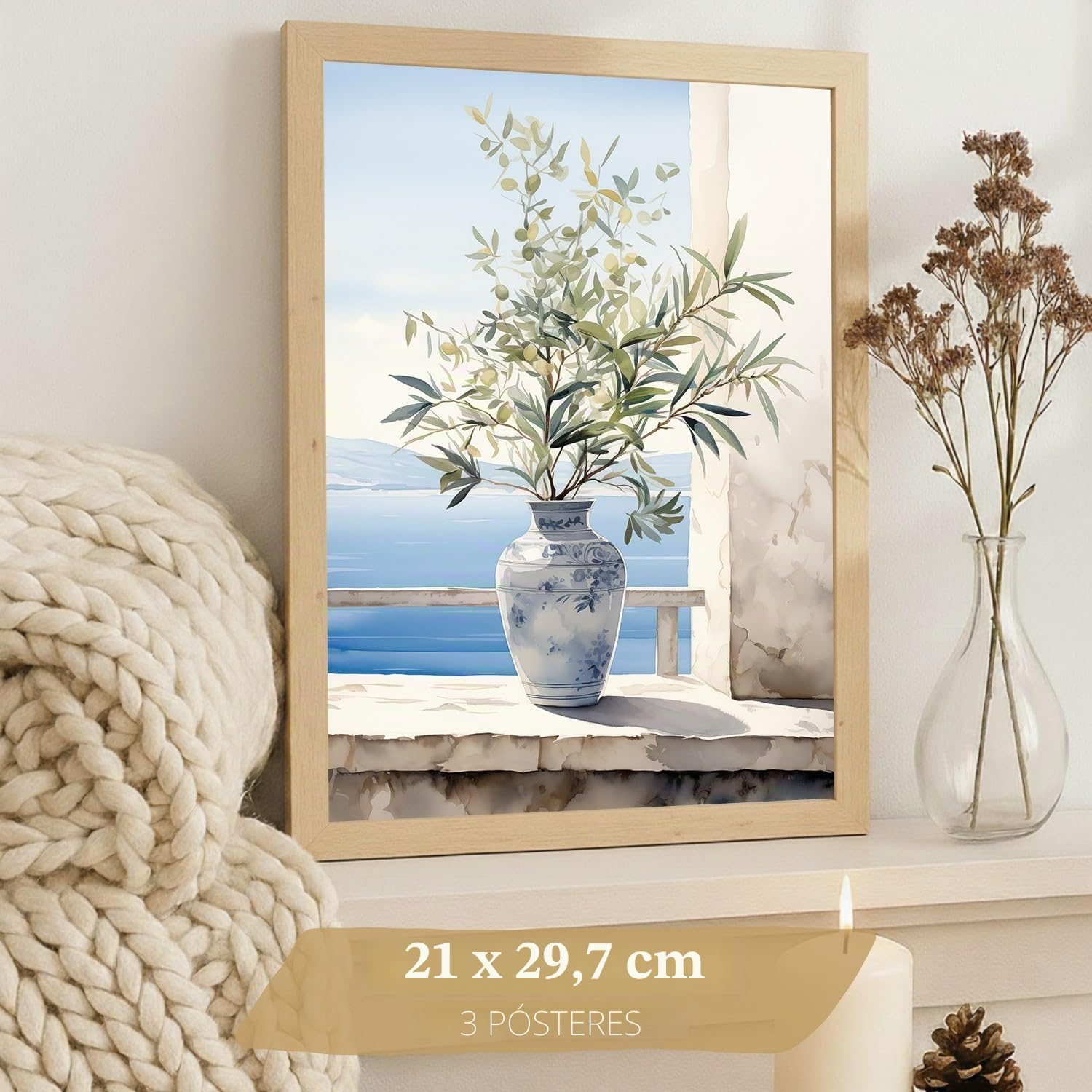 Nacnic Set De 3 Laminas Decorativas Pared Maritimo, Relax. Cuadros Salon Modernos - Posters Decorativos Azules En Acuarela. Mediterraneo. Decoración Dormitorios. A3 Marco Madera Clara