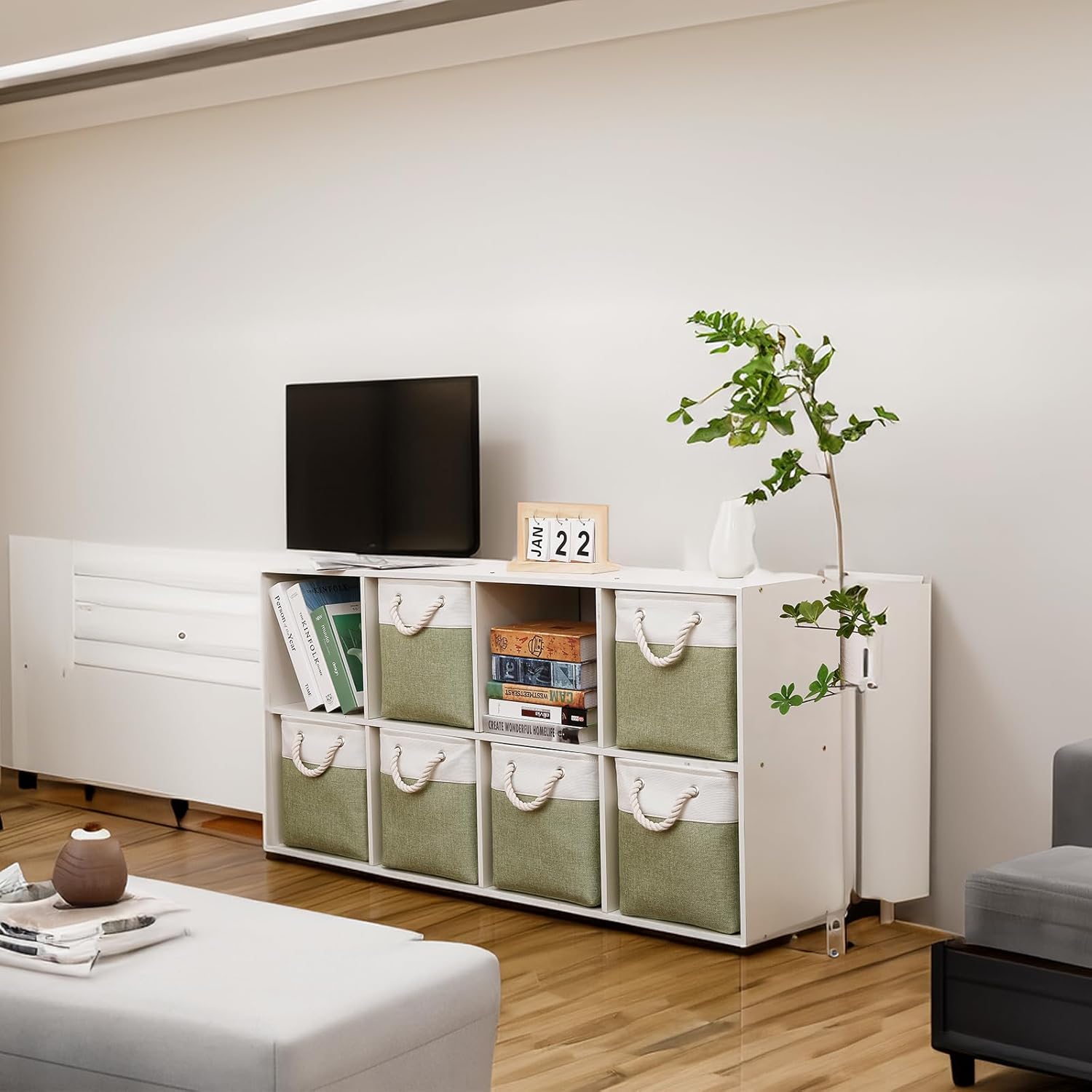 Fabric Storage Cubes, 11 inch cube storage bin with Handles, 11x11cube storage organizer bins, Collapsible Storage Bins for Shelves and Home, Cubby Storage Bins (white-green, 10.5x10.5x11in) - Image 6