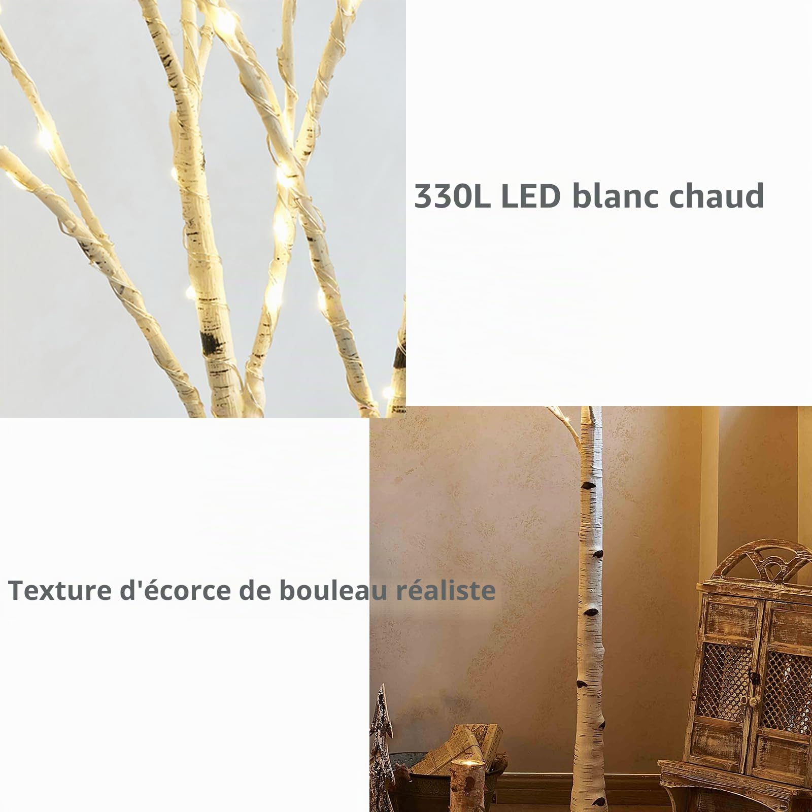 Hairui Arbre lumineux de bouleau 330 LED, 180 cm, arbre de Noël artificiel avec éclairage, pour Pâques, mariage, décoration de maison, fêtes