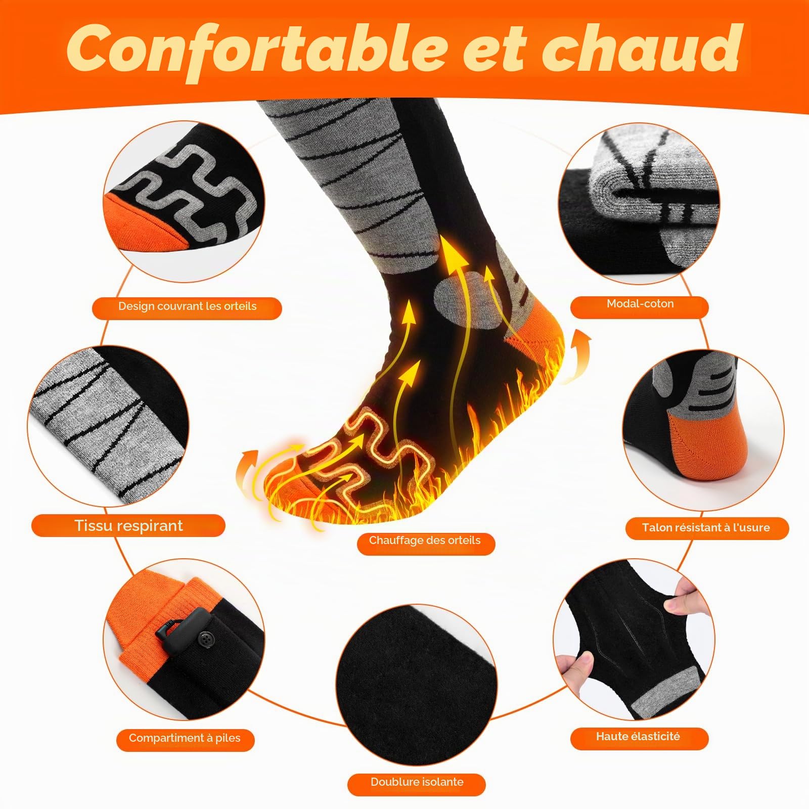 Chaussettes Chauffantes 5000mAh x 2 Batterie Rechargeable Contrôle APP 4 Températures pour Ski