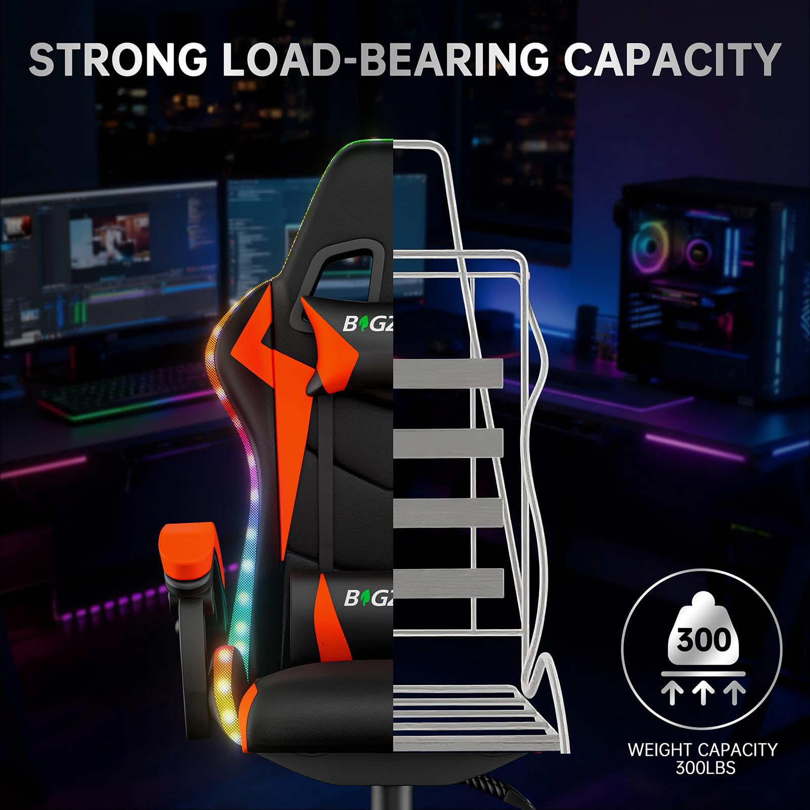 Silla para videojuegos con iluminación LED, silla ergonómica con luz RGB, reposacabezas ajustable y soporte lumbar, piel sintética, silla de oficina, altura e inclinación ajustable (negro y rojo)