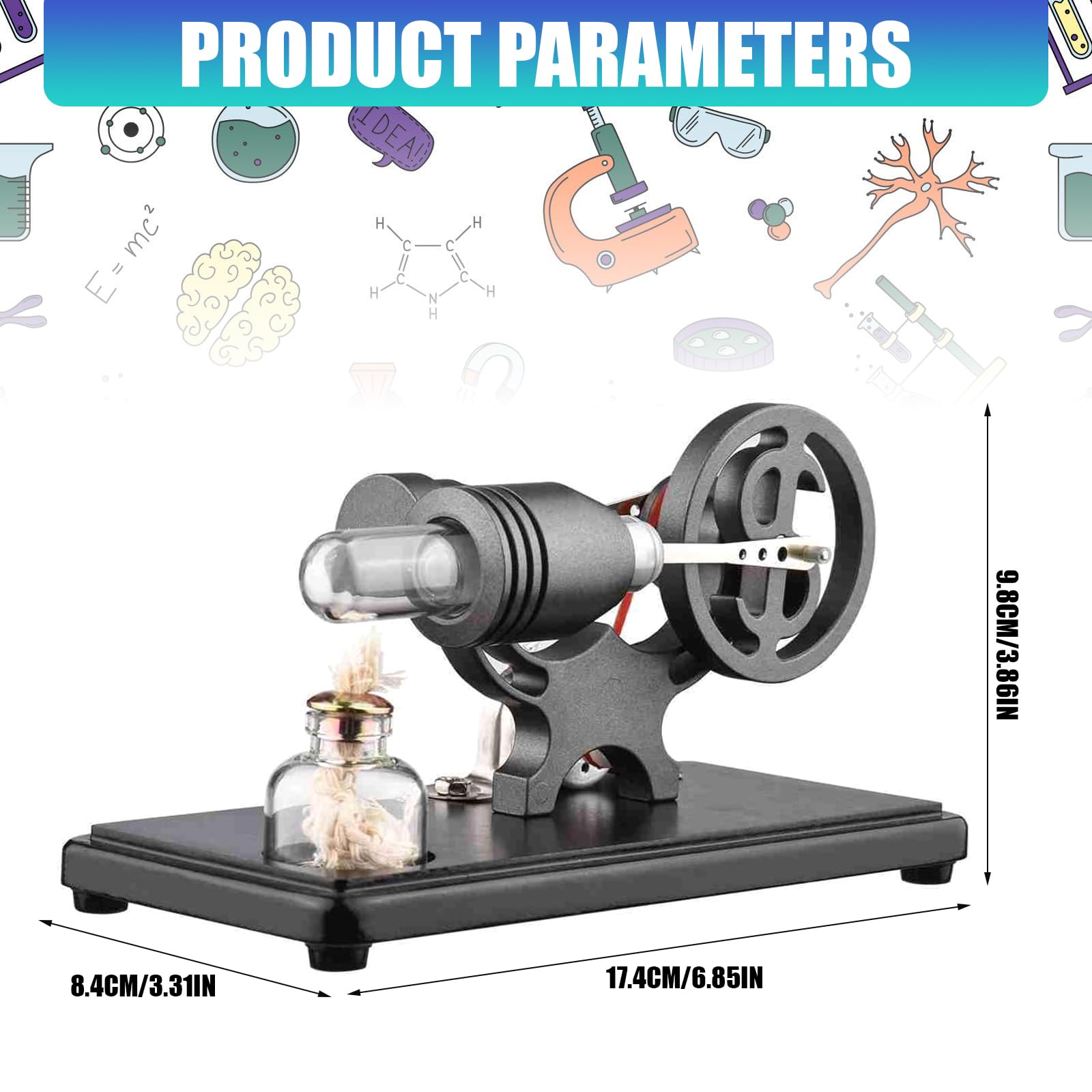 Stirling Engine - Base de madera de metal negro lista para usar con luz LED