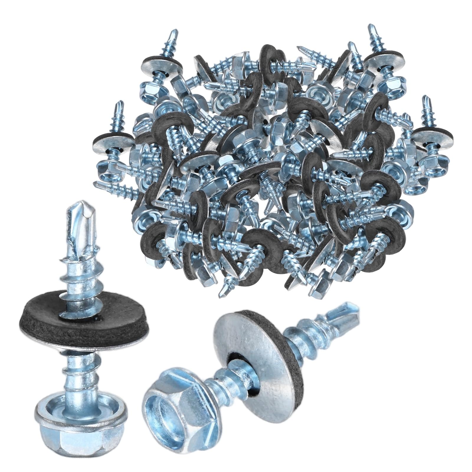 M METERXITY 100-Pack Self Drilling Screws with Rubber Washer ST4.8 x 25mm Zinc Plated Carbon Steel Hex Head Self-Tapping Screws for Metal Roofing/Siding Panels/Steel Structures